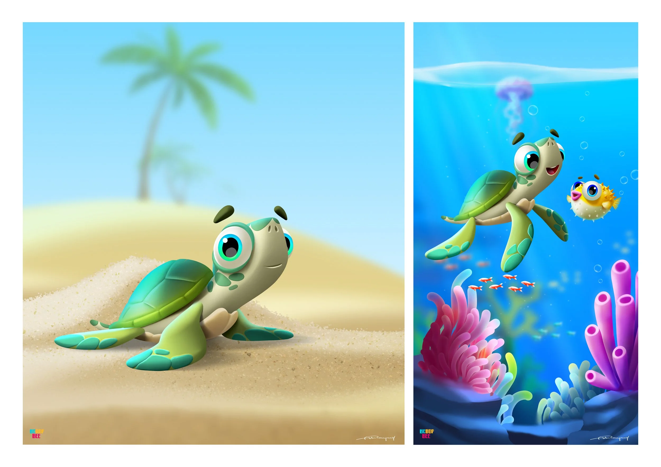 Two animated turtle characters, one on land and one underwater, both with large expressive eyes. The land turtle is on a sandy beach with a blurred palm tree in the background. The underwater turtle is swimming among colorful coral and surrounded by 