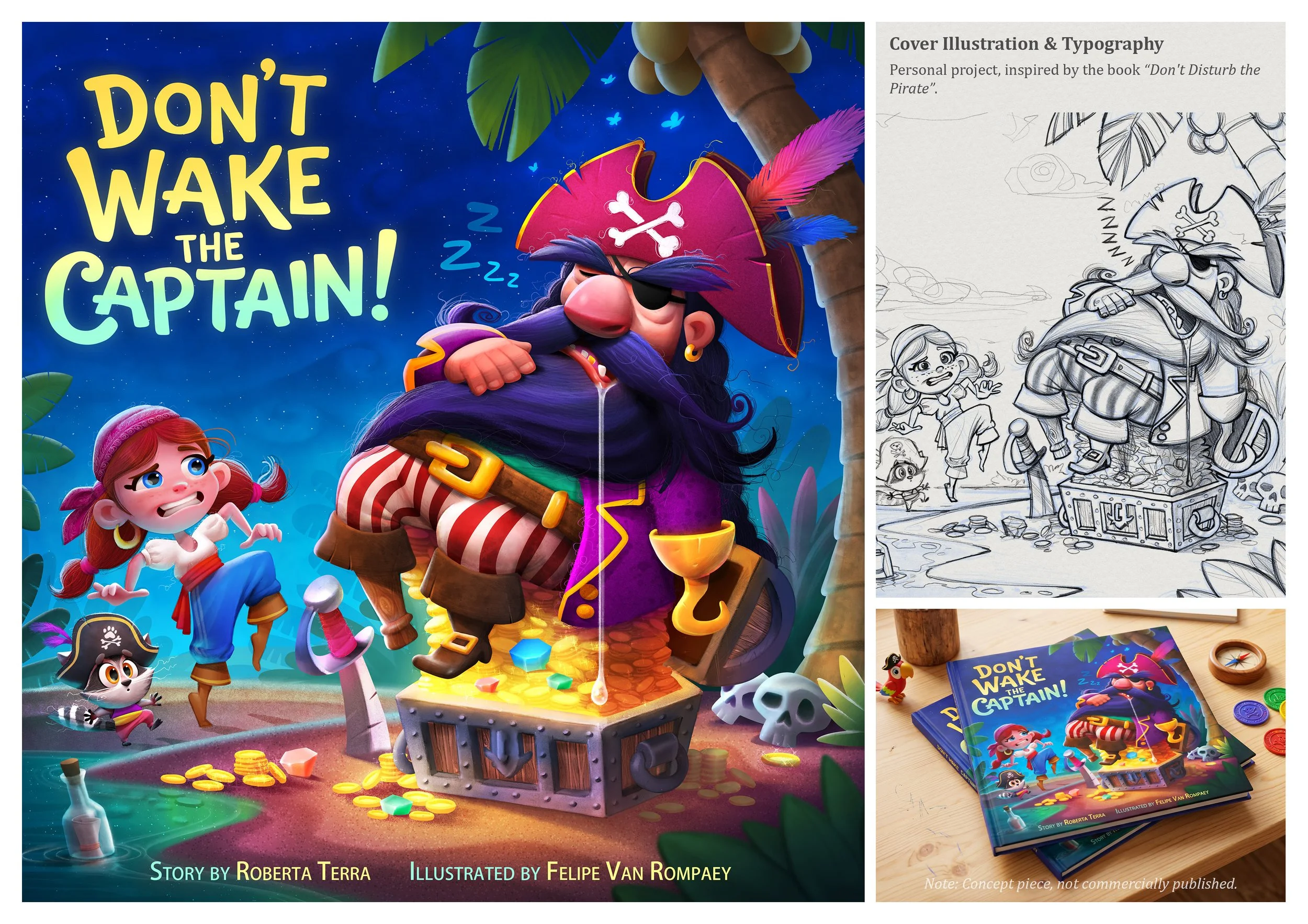Colorful illustration for a children's book titled "Don’t Wake the Captain!" featuring a pirate captain with an eye patch, beard, and pirate hat, sleeping on a treasure chest surrounded by gold coins, a skull, and a parrot on his shoulder, under a st