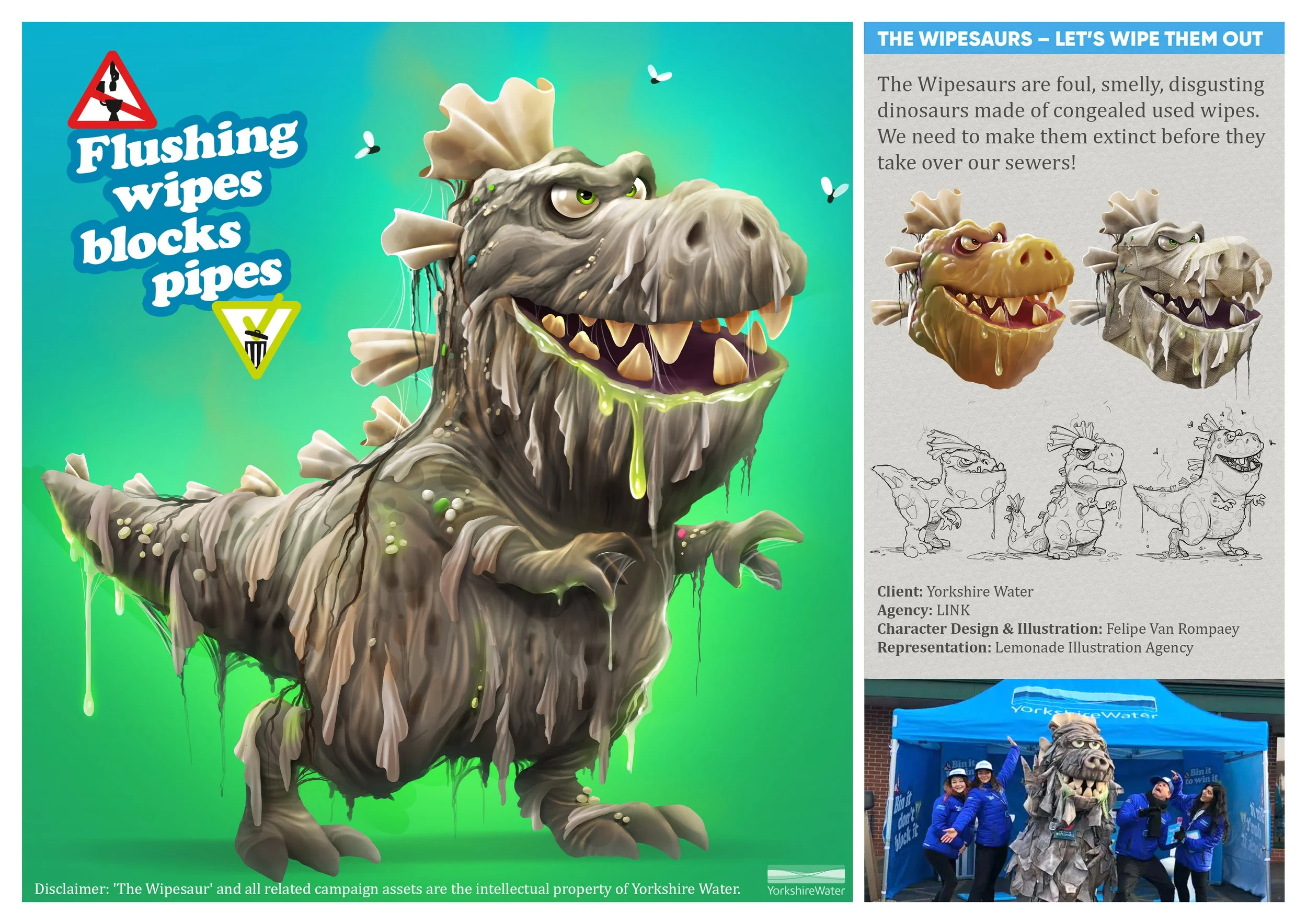 Cartoon illustration of a dinosaur with a large head and big teeth, made to look like it is created from used cleaning wipes, with a green background.