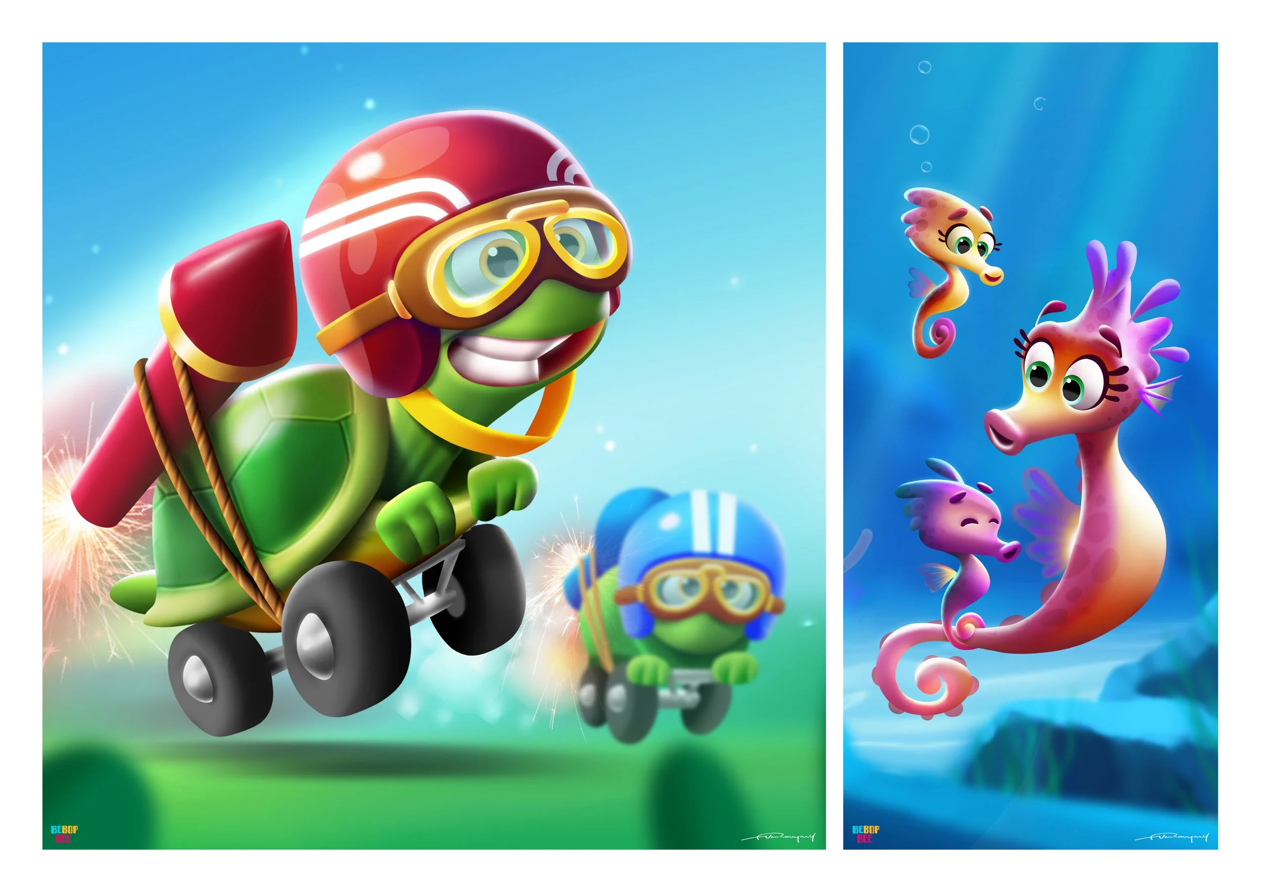 Digital artwork featuring animated, cute sea creatures. The left side shows a smiling green turtle with a red helmet, goggles, and a backpack, riding a skateboard with fireworks in the background. In the background is a smaller turtle with similar ge