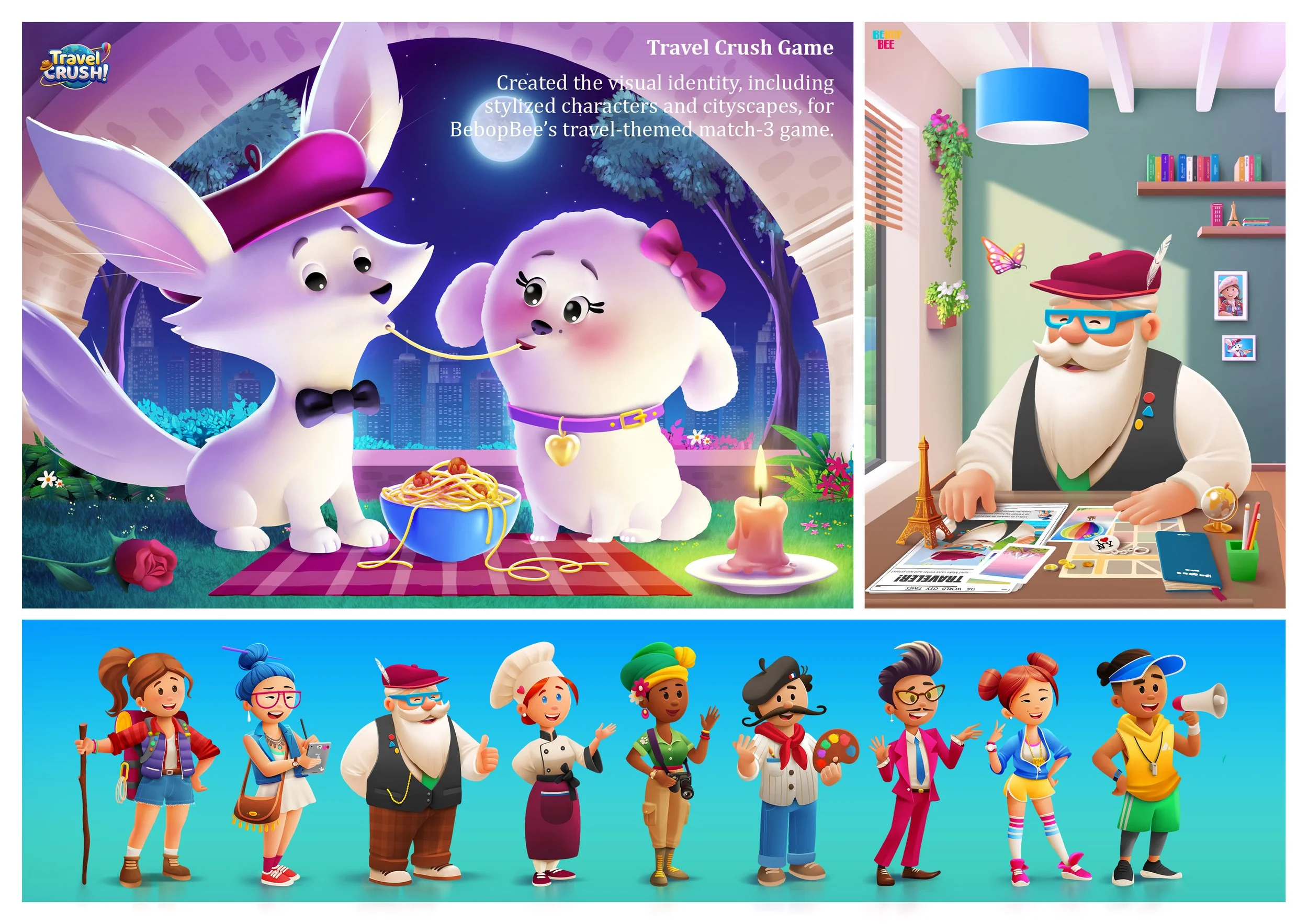 A colorful poster for a travel-themed game featuring stylized characters and cityscapes, with a depiction of a dog and a fox at night, and a scene of cheerful diverse children and adults in outdoor clothing and costumes.