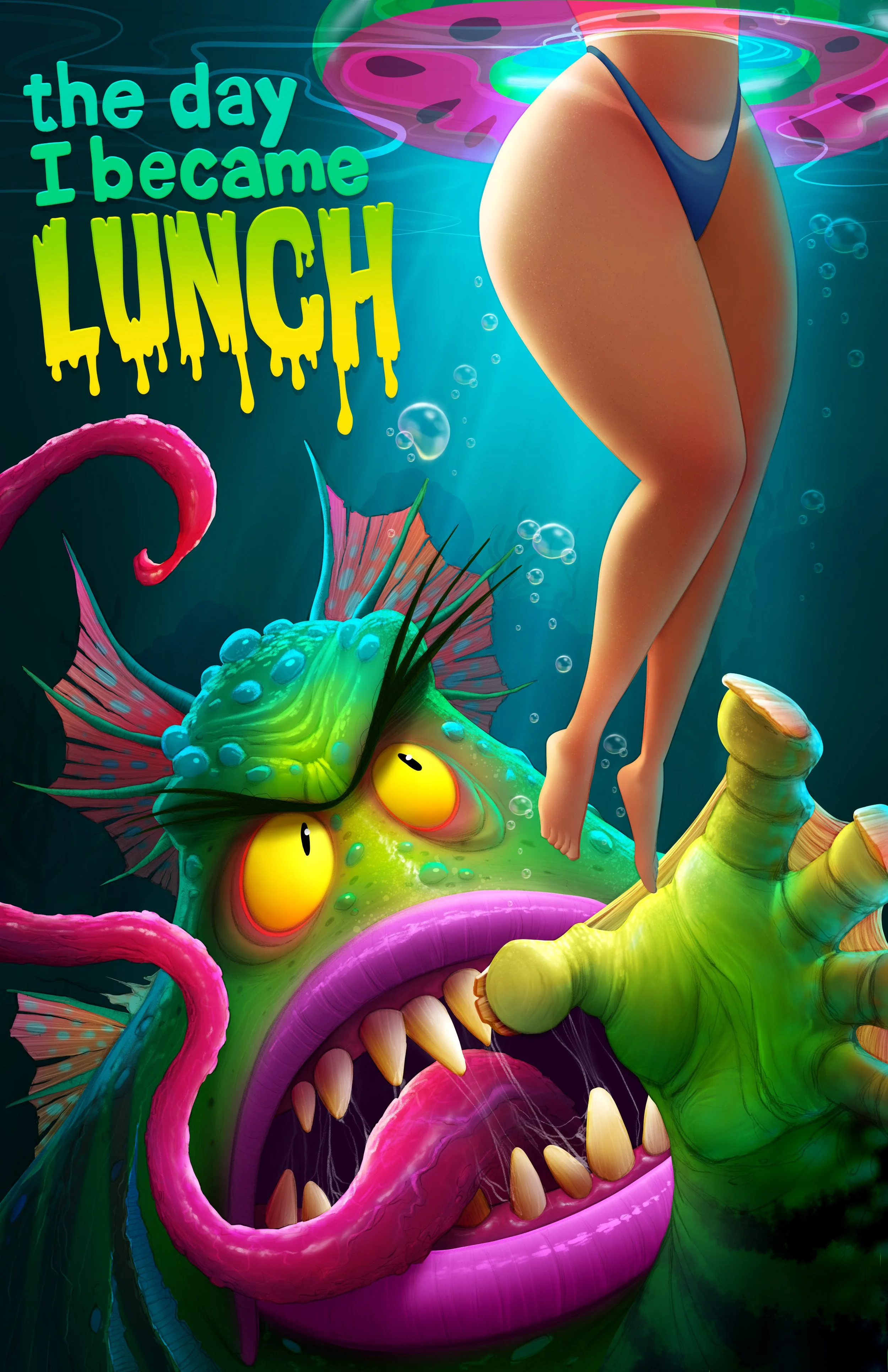 A fantastical underwater scene featuring a woman standing on the back of a cartoonish, colorful, sea monster with sharp teeth, large yellow eyes, and a vibrant green body. The scene is surrounded by tentacles and aquatic plants with bubbles floating around, and the background has a mix of deep blue and bright neon colors. The text in the image reads, "the day I became LUNCH" in bright, dripping yellow and green letters.