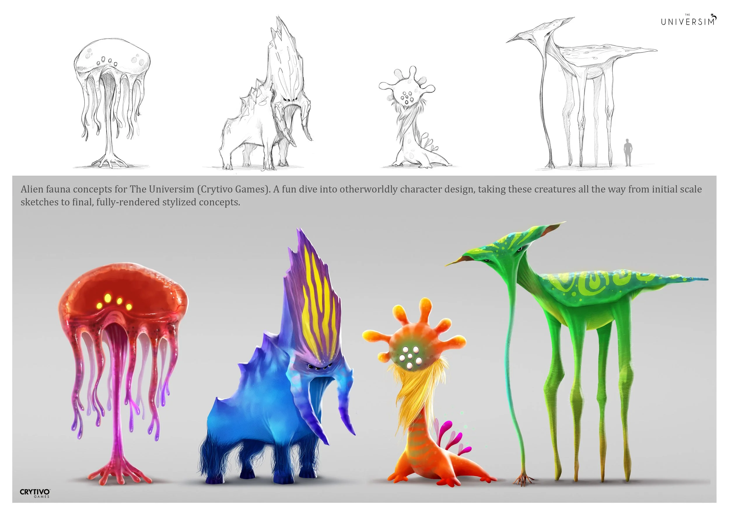 Sketches and colorful stylized designs of various alien creatures, including a jellyfish-like being, a fierce four-legged monster, a small body with multiple appendages, and larger, elongated organisms, with some fully rendered and vibrant in color.