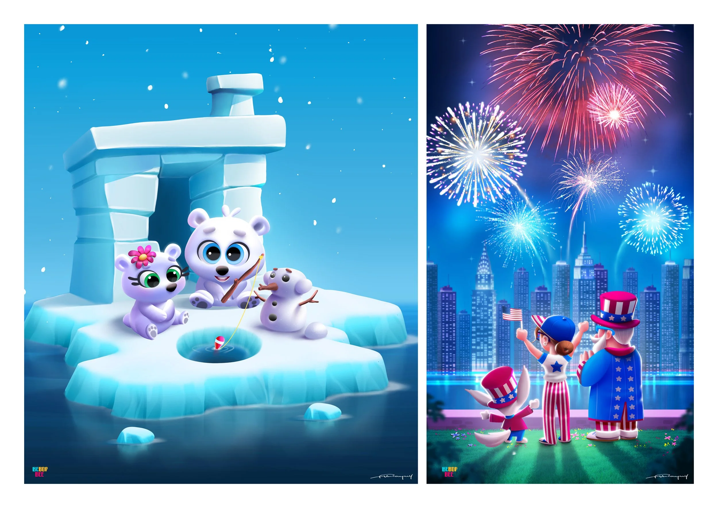Two scenes celebrating Independence Day: the left scene shows cartoon polar bears and a snowman on an iceberg playing fishing near an ice structure, with snow falling; the right scene depicts children and an adult dressed in patriotic clothing watchi