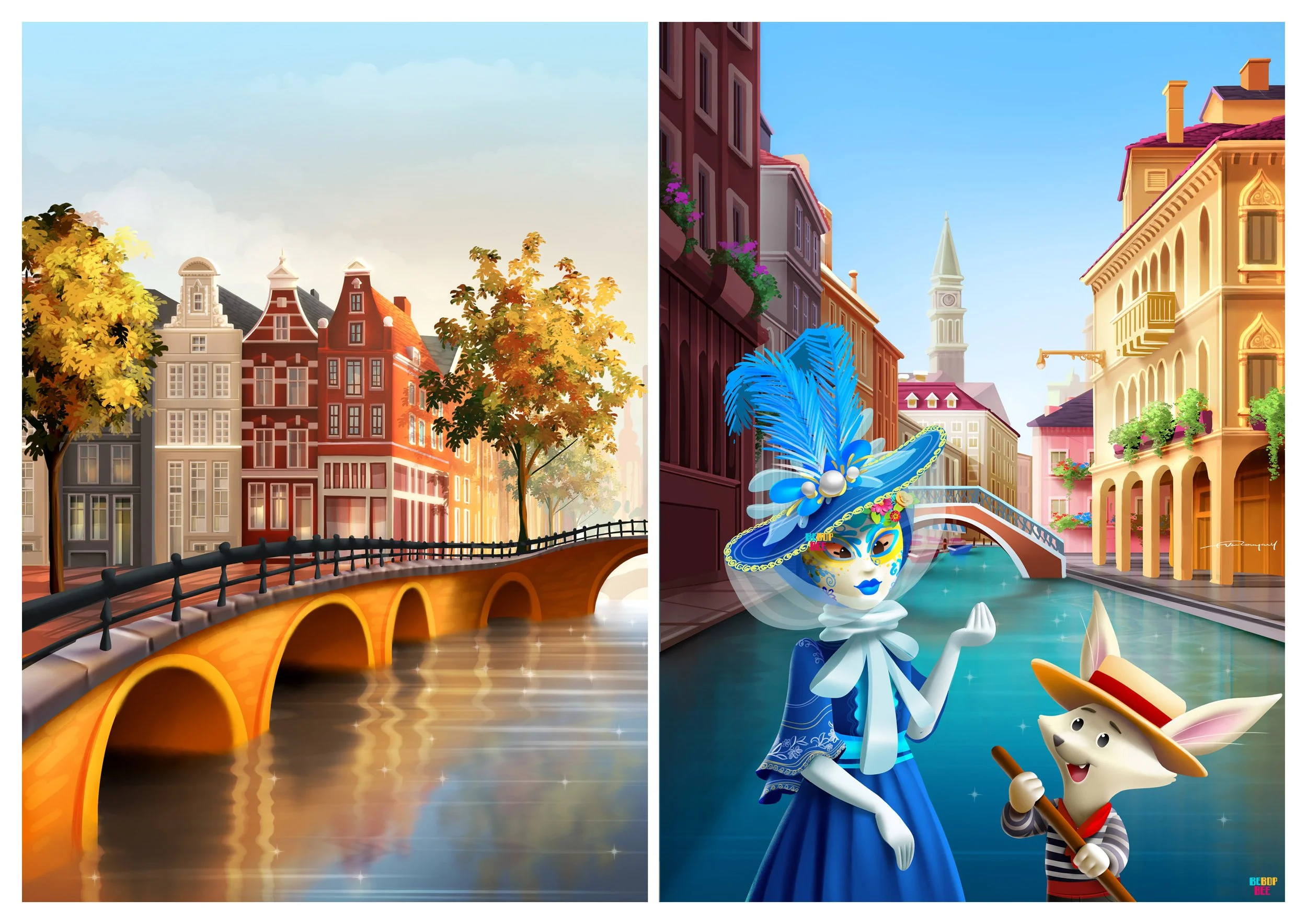 Two digital illustrations of European cityscapes, one showing a canal with colorful buildings and a bridge, the other featuring a canal with characters, including a woman in a blue dress with a feathered mask and a rabbit with a hat, on a bright blue