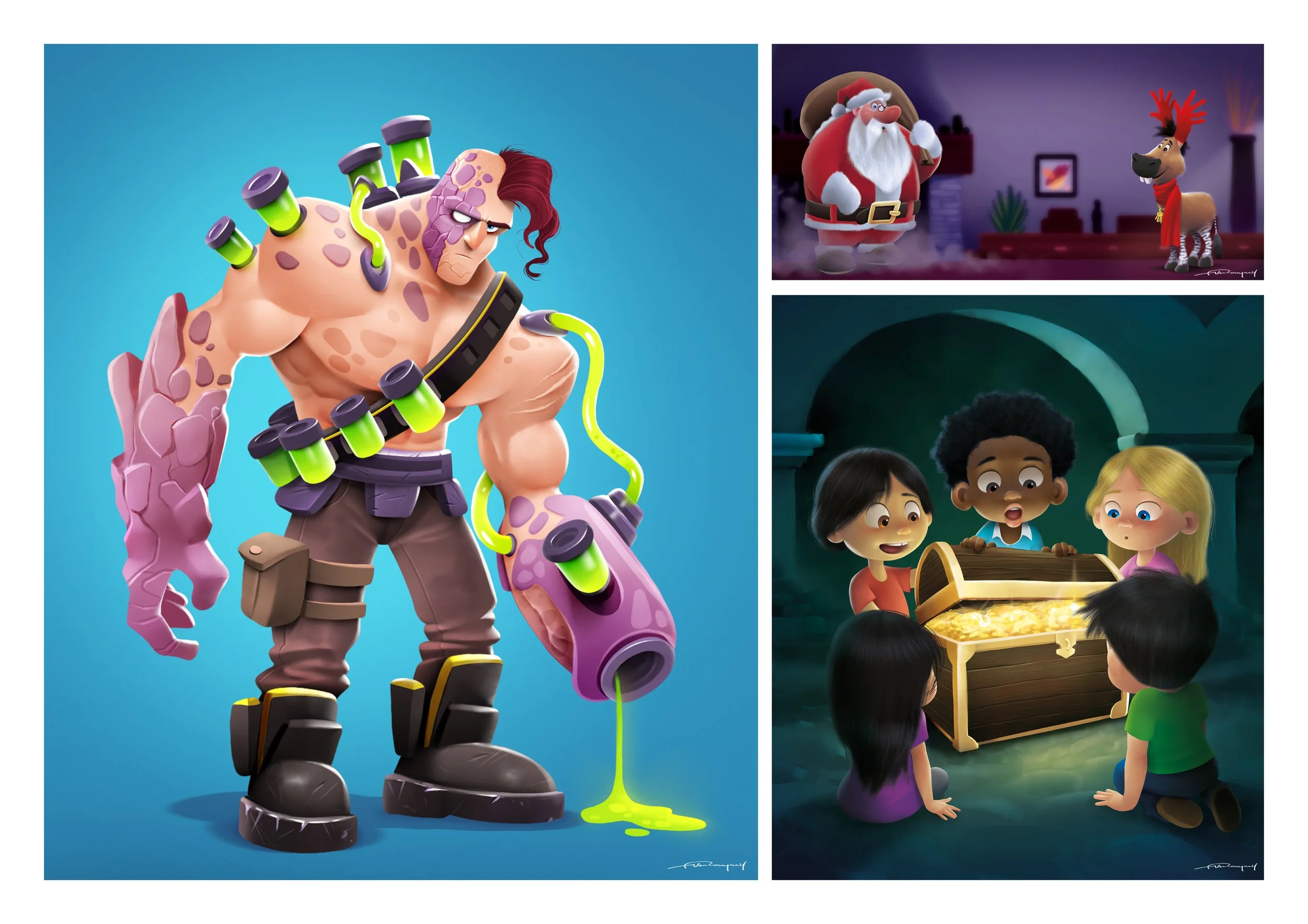 A collage of three animated images: the first shows a muscular, monster-like character with purple spots and green glowing tubes attached to his body, holding a dripping purple device; the second depicts Santa Claus and a reindeer with red hair and a
