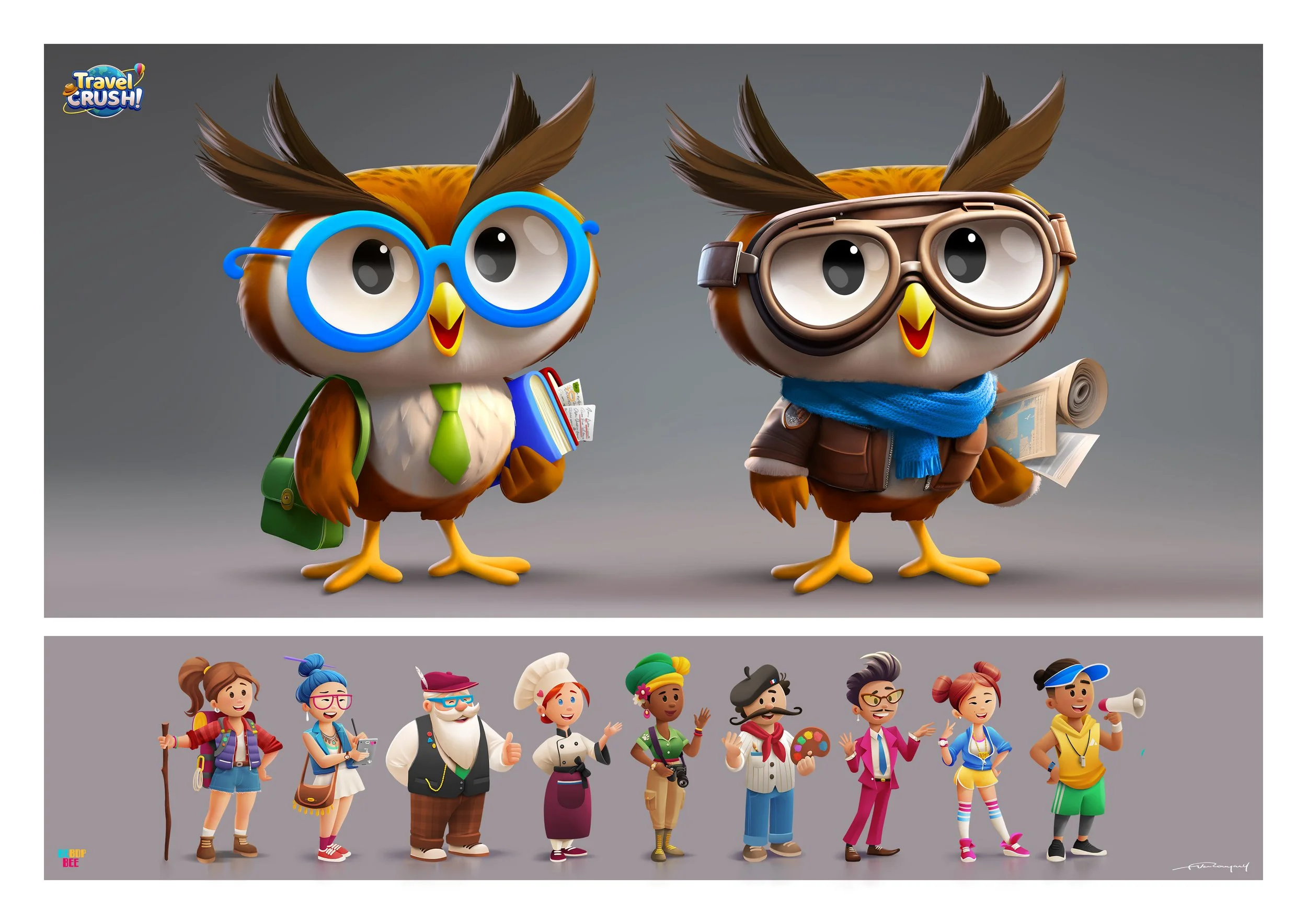 Colorful animated characters, two owls dressed as traveler or explorer figures with glasses, one with a green bag and the other with a rolled-up map, and a diverse group of people dressed in various costumes and accessories, standing in a row below t