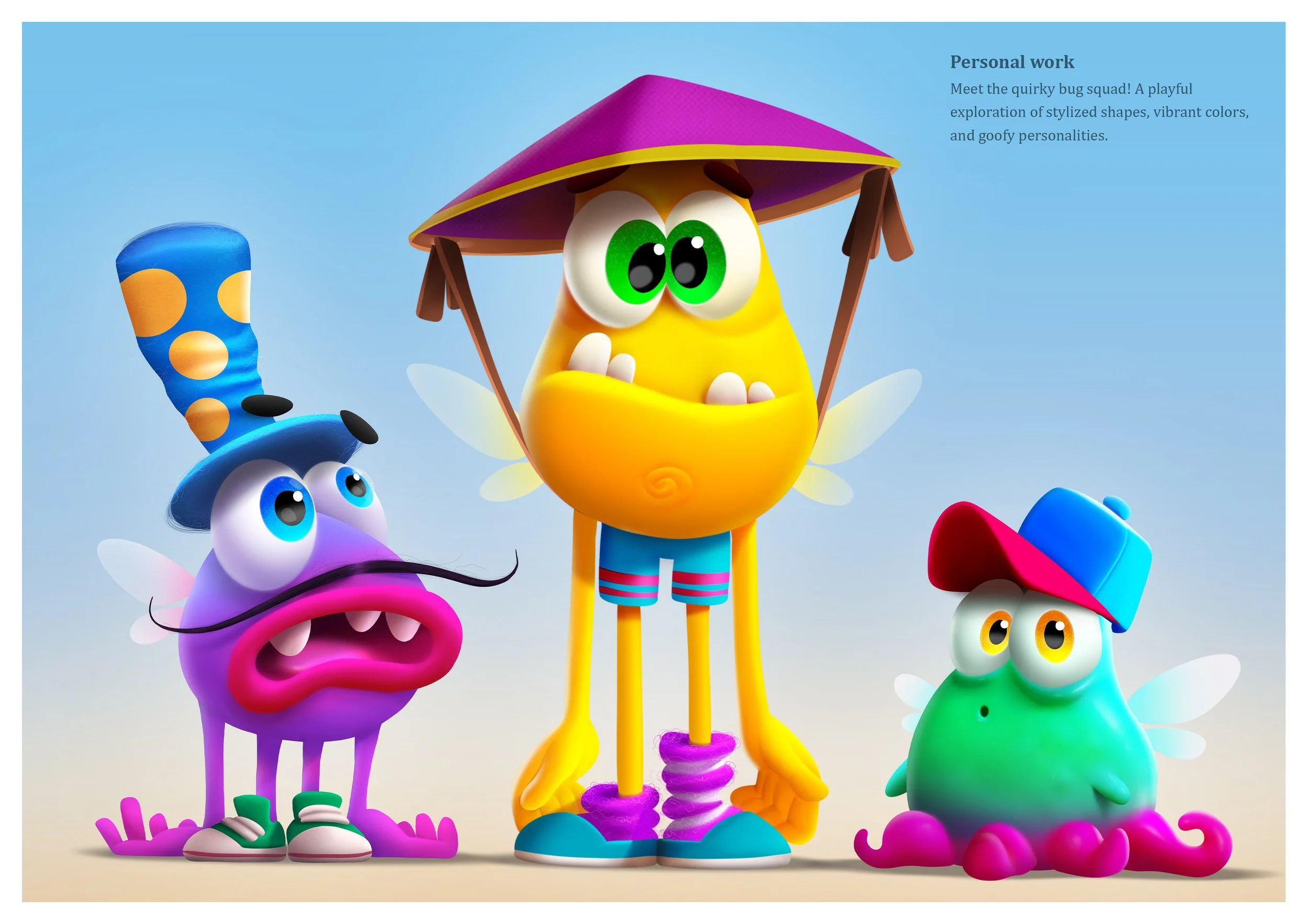 Colorful animated characters with large eyes, playful expressions, and whimsical shapes, including a character with a purple and orange hat, and others resembling bugs and creatures, standing on a neutral background.