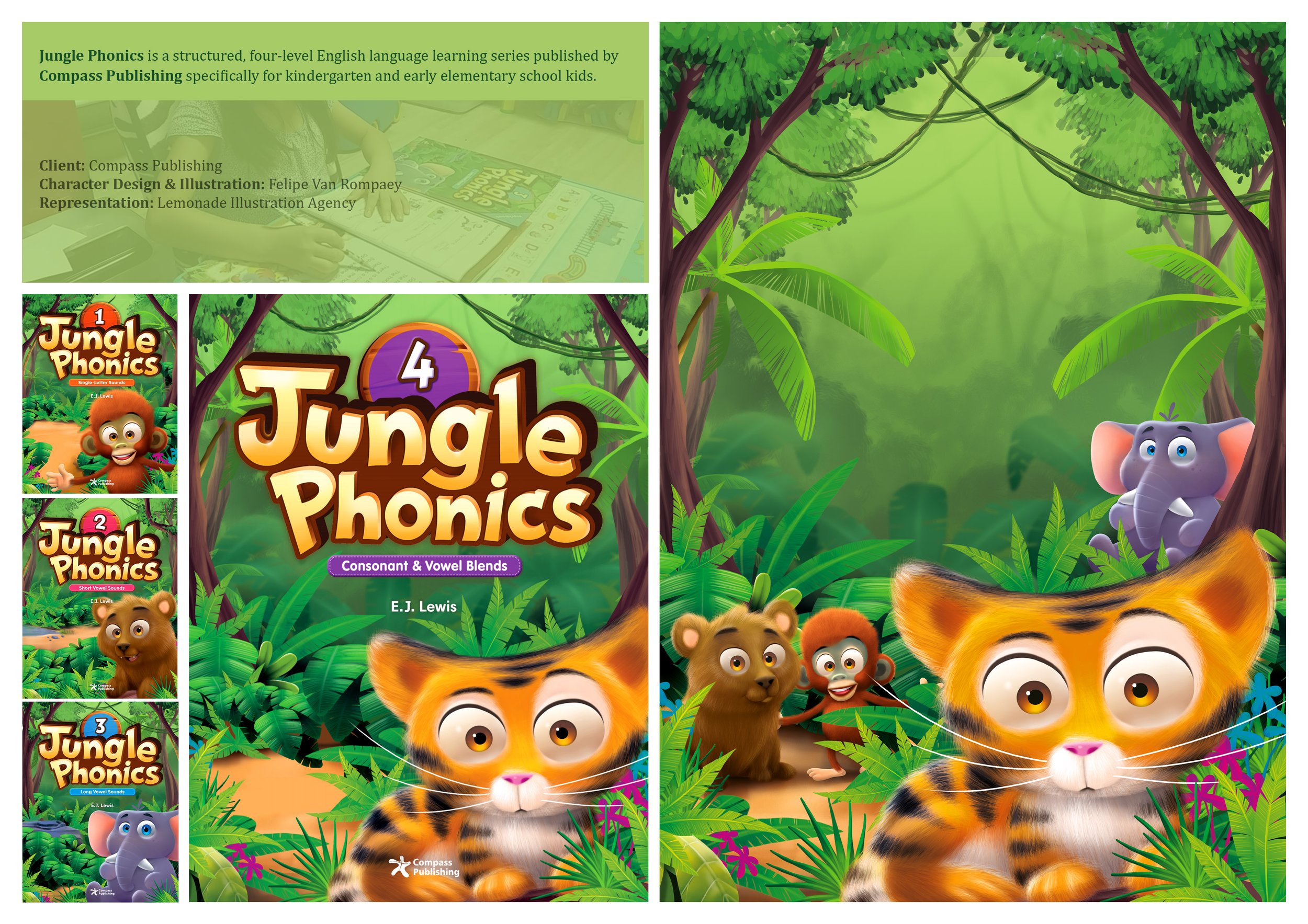 Cover of a children's educational book titled 'Jungle Phonics', featuring cartoon animals such as a tiger and elephants in a jungle setting, with smaller images of other related book covers on the side.