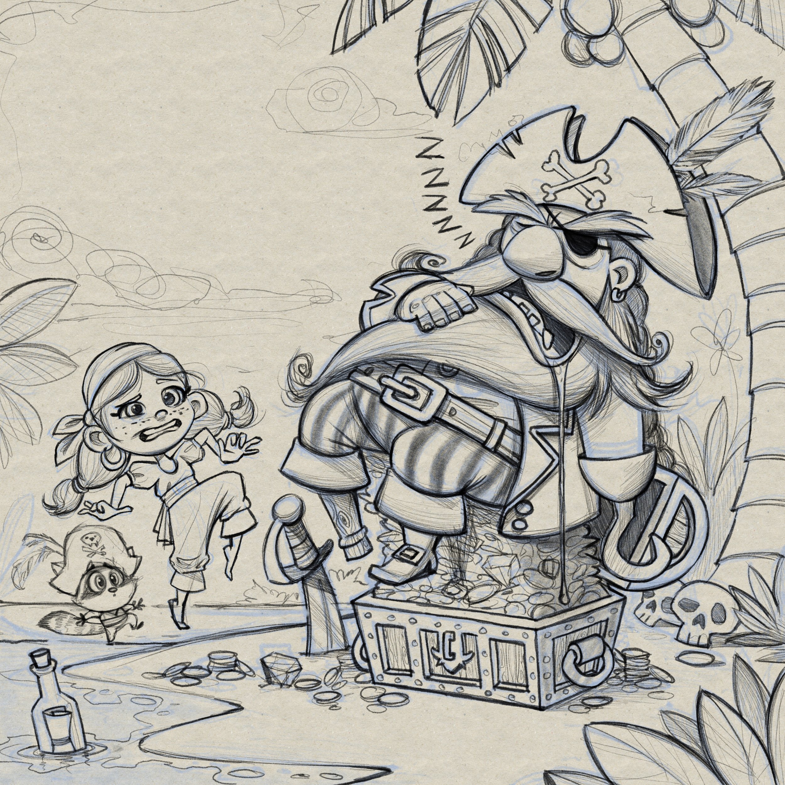 A detailed pencil sketch featuring a pirate with a large tricorn hat, a peg leg, and a hook hand. Surrounding the pirate are various whimsical elements including a small girl with curly hair and an expression of surprise, a fish with big eyes, scatte
