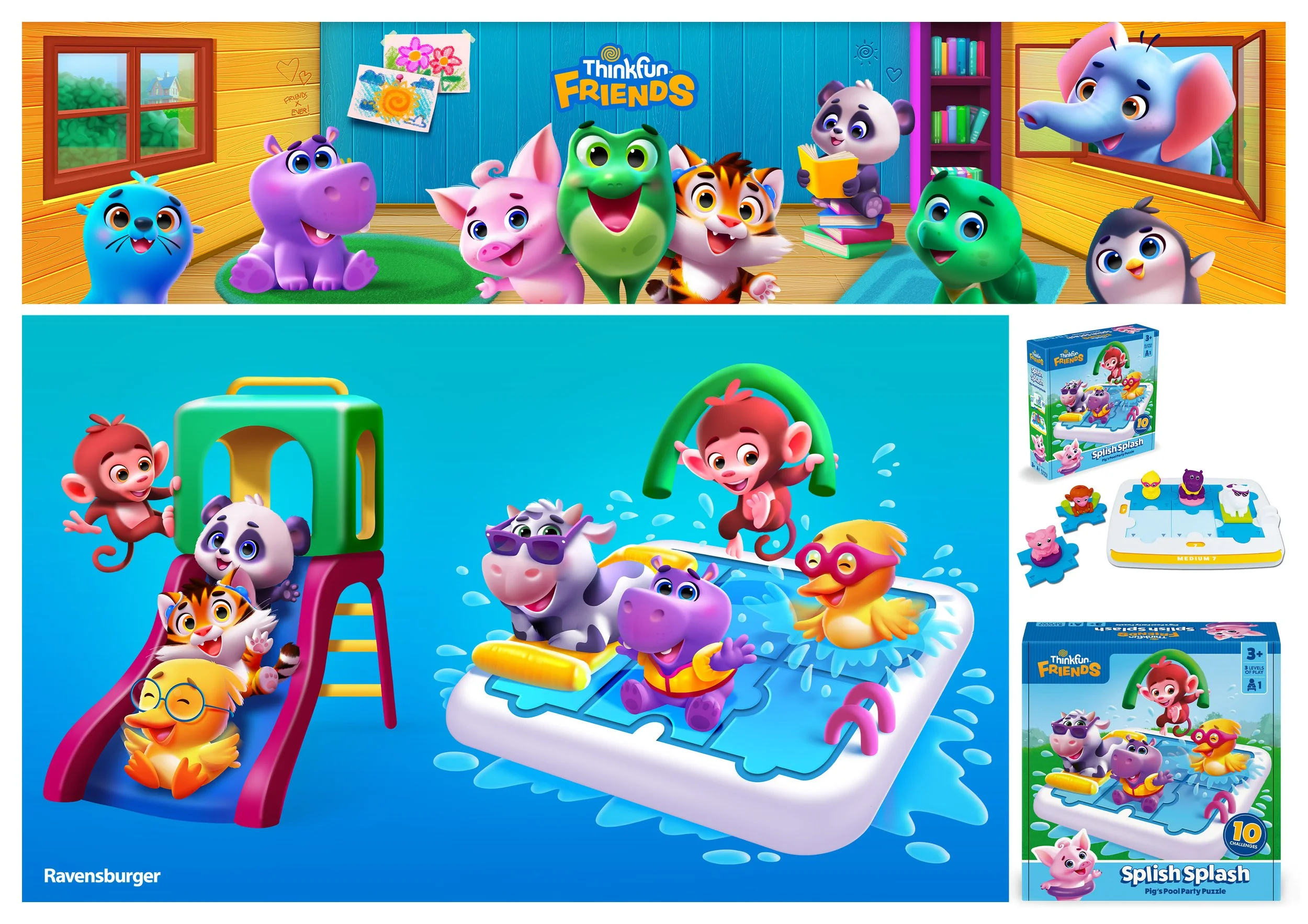 Colorful indoor scene with animated animal characters from 'Thinkfun Friends' playing on and around a plastic slide, with a blue wall, framed pictures, and a bookshelf in the background.
