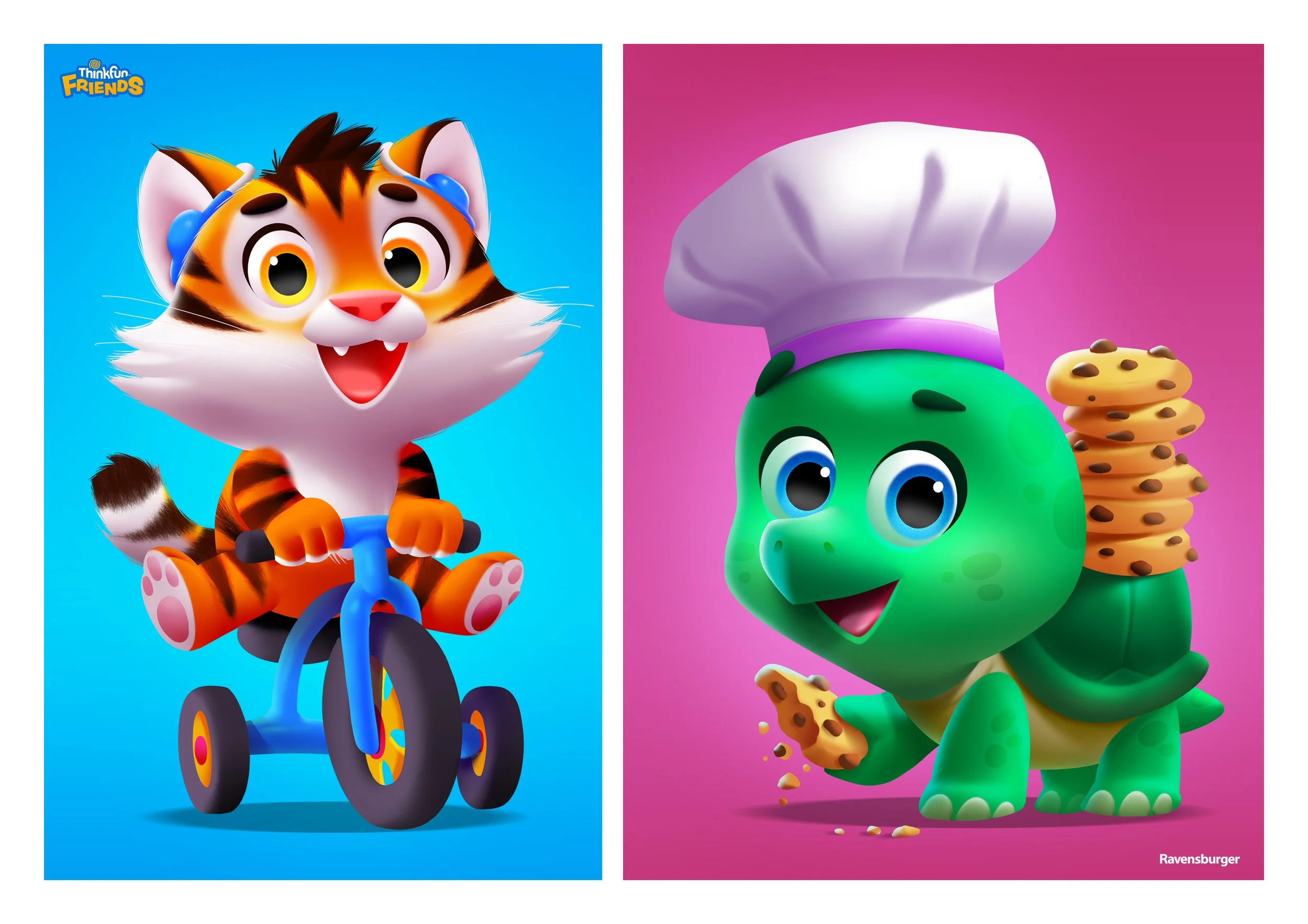 Side-by-side cartoon characters: a joyful tiger cub riding a tricycle on the left and a happy turtle wearing a chef's hat and eating cookies on the right.