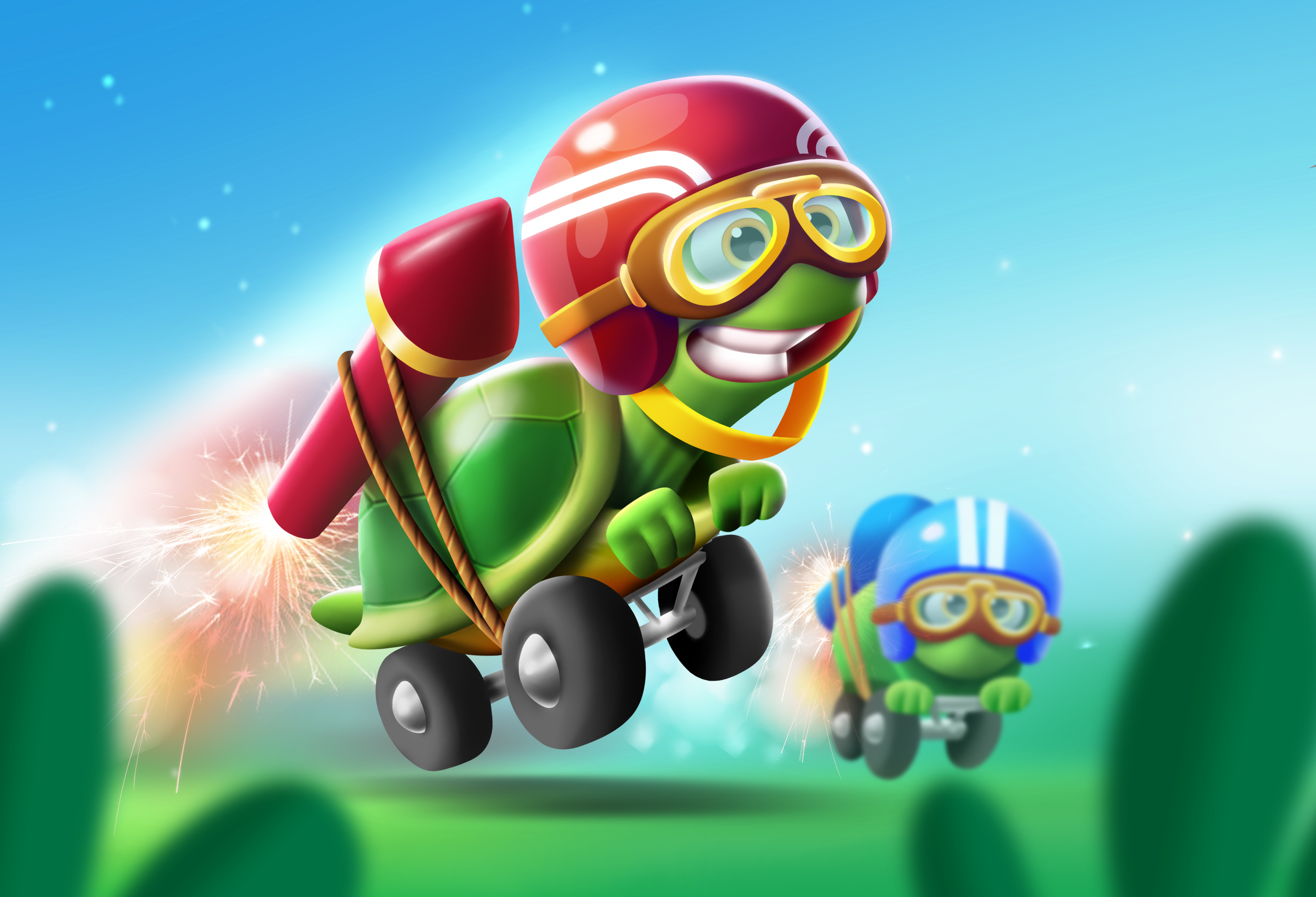 Colorful animated tortoise characters wearing helmets and goggles, racing on wheels with a green landscape and blue sky background.