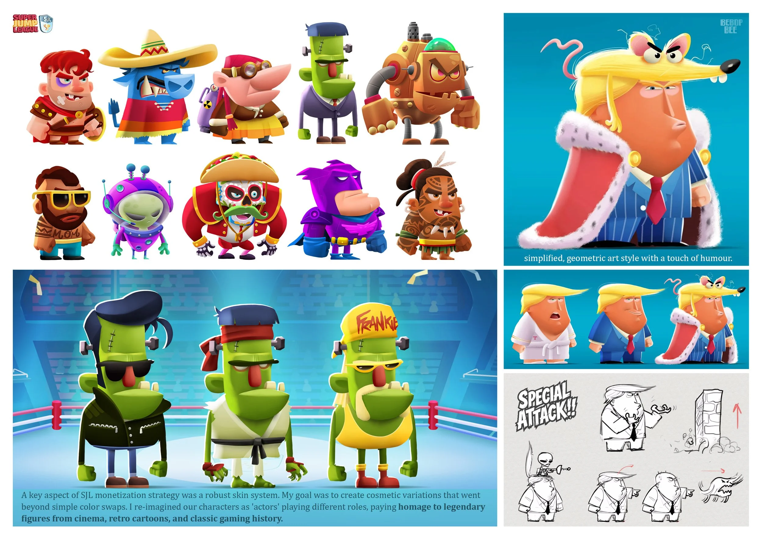 Colorful animated characters resembling villains from popular media, some dressed in costumes, standing in a line in a cartoon style, with a comic strip a portrait of Donald Trump dressed as a king with a long yellow hair, blue suit, and crown, and a