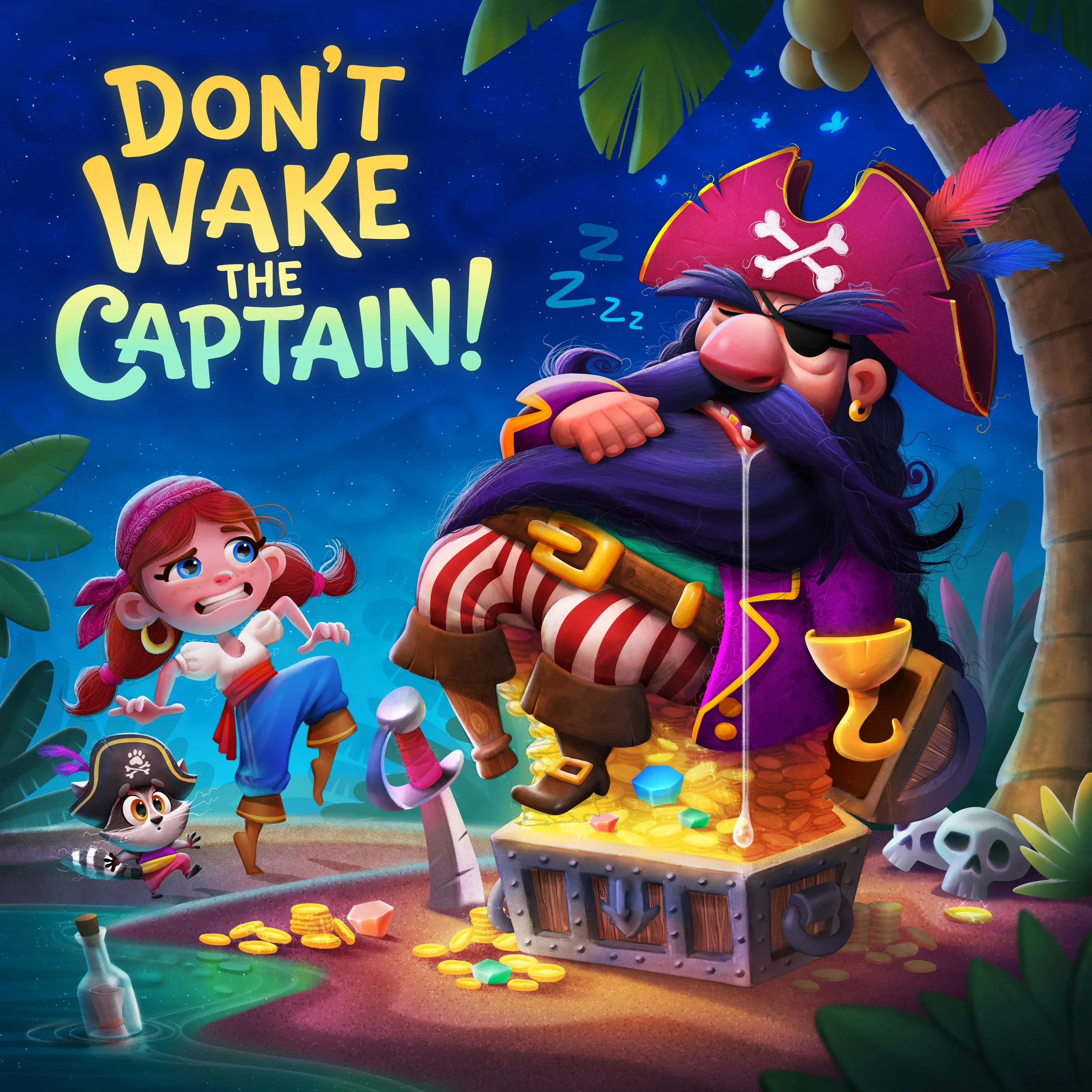 Animated scene with a cartoon pirate and a pirate girl near a treasure chest filled with gold coins and jewels, surrounded by a blue night sky with stars and a palm tree.