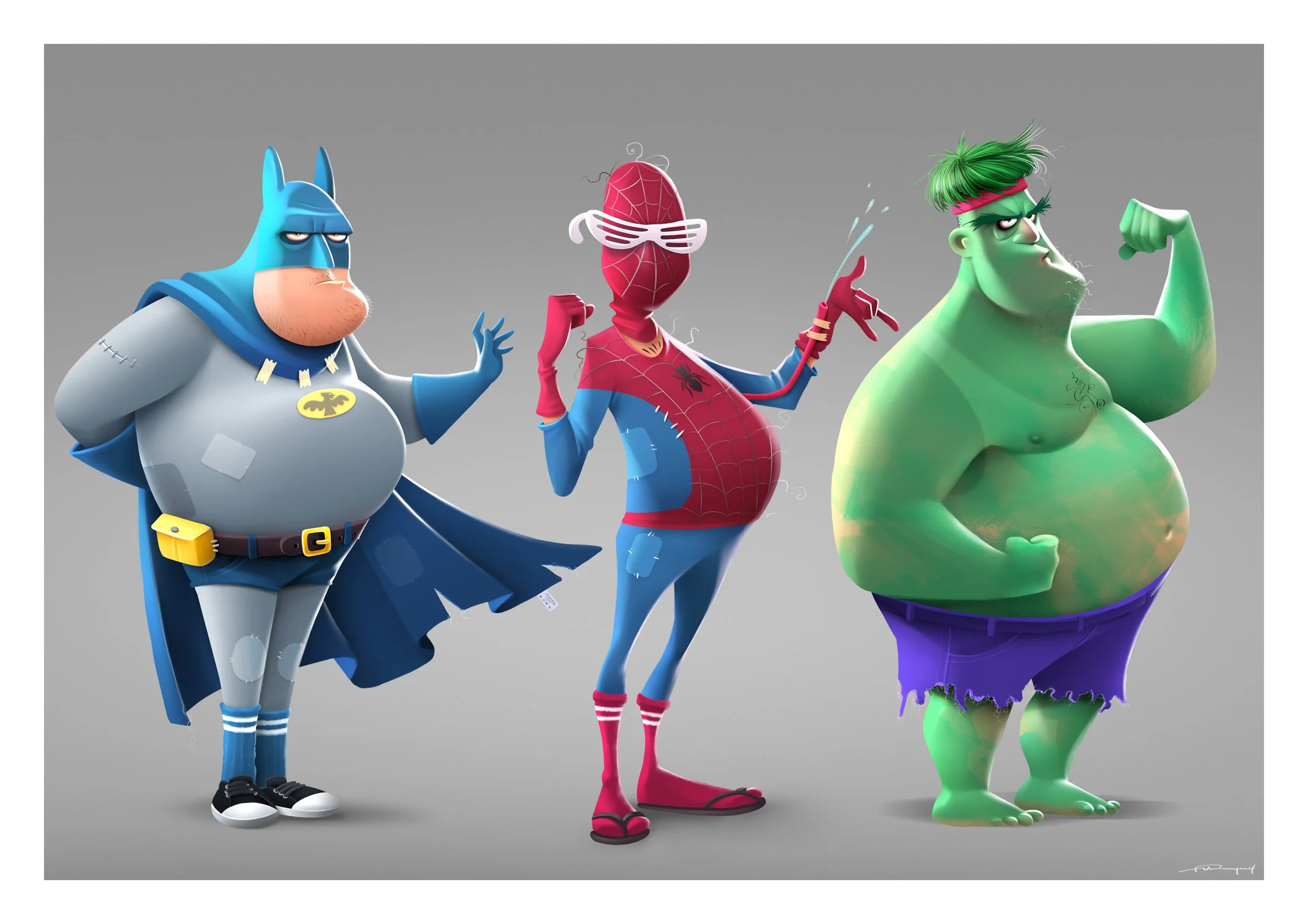 Animated characters of a superhero dog, a spider-themed character, and a green muscular Hulk figure standing side by side in a digital illustration.