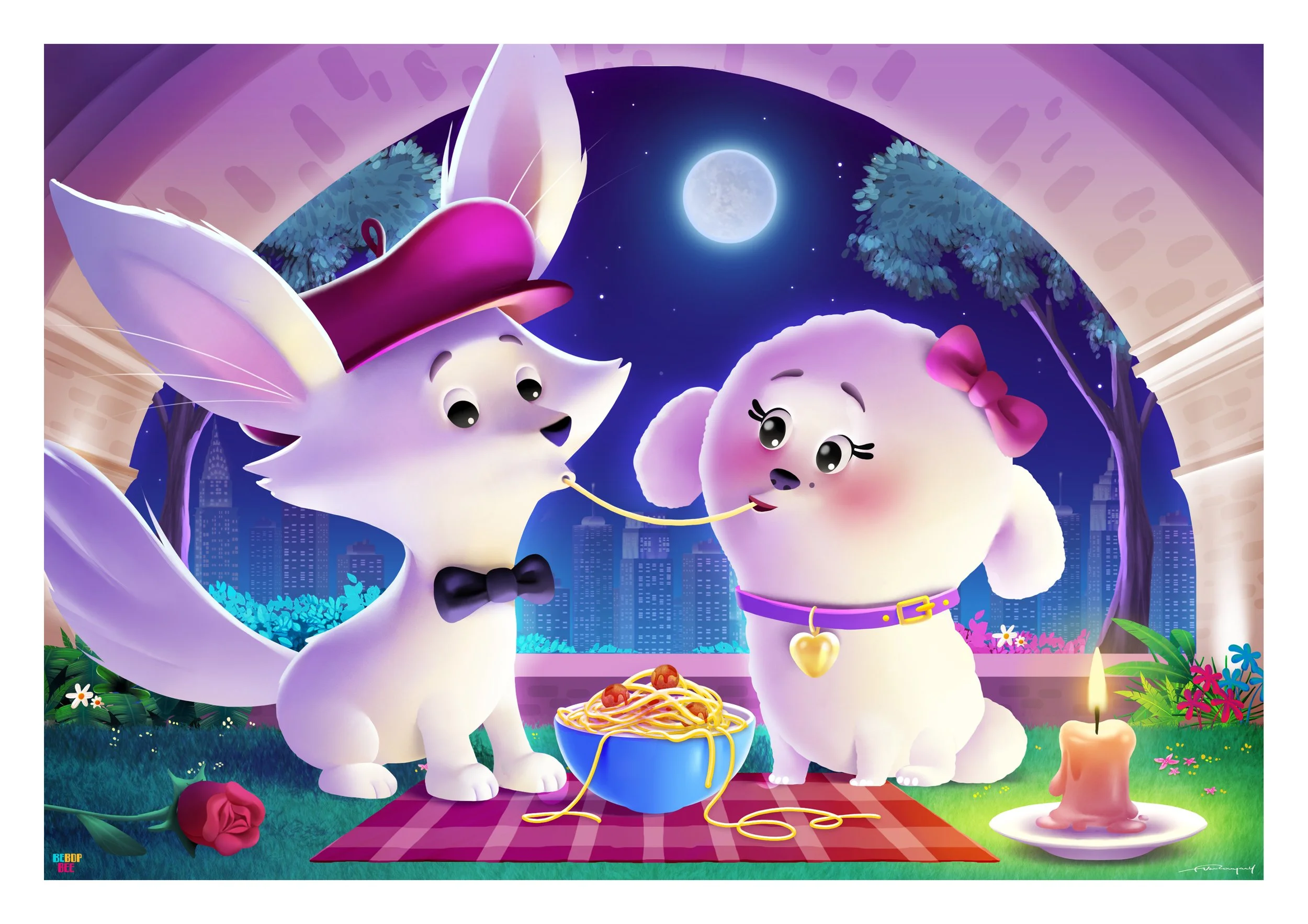 A cartoon fox and a dog sharing spaghetti under the moonlight on a balcony, with city buildings in the background, candles, and flowers.