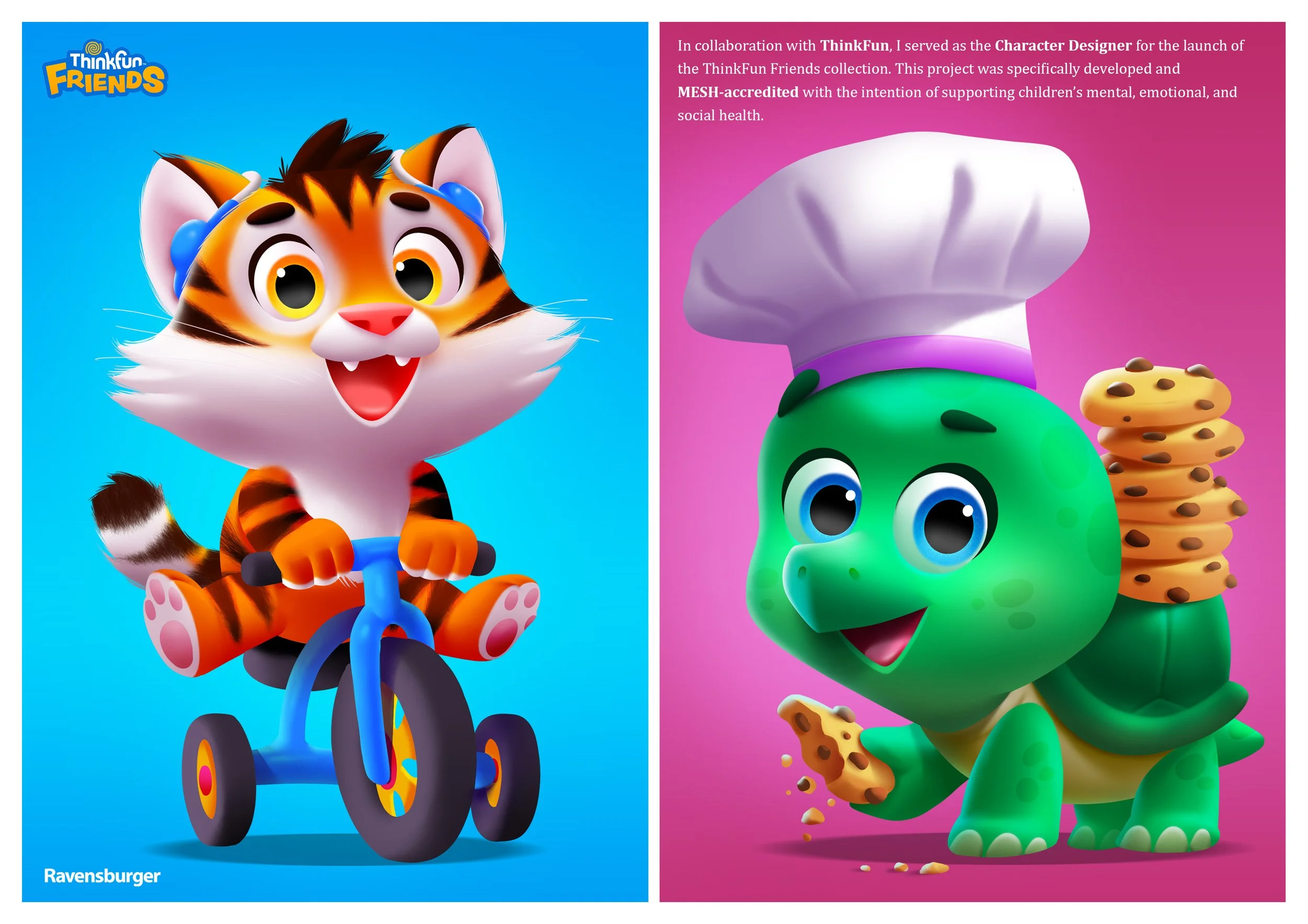 Side-by-side images of animated characters: on the left, a cheerful tiger riding a bicycle with a blue background, and on the right, a cute green dinosaur with a chef's hat eating cookies with a pink background.
