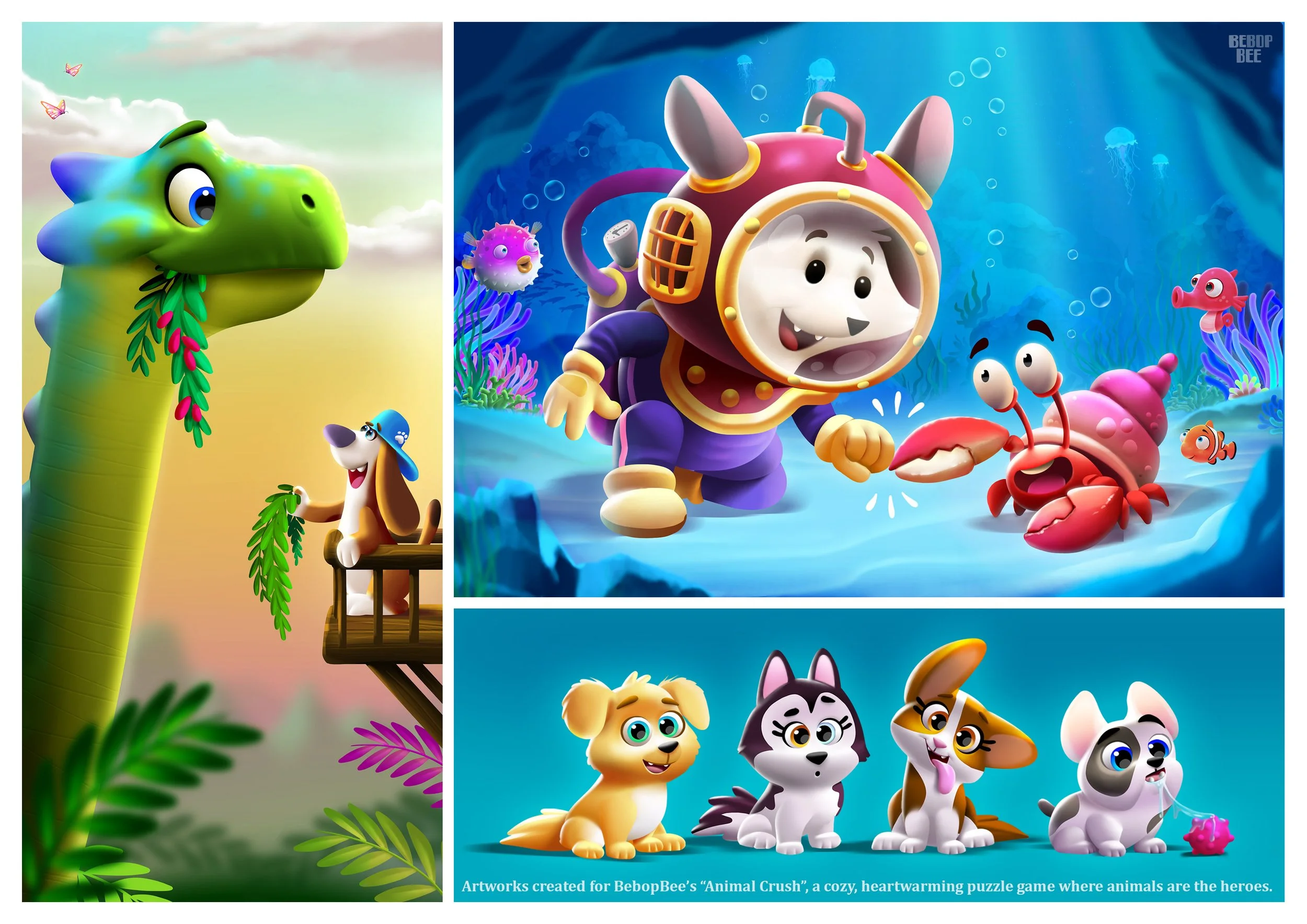 Various colorful cartoon animals and underwater creatures, including a smiling whale, a dog with a hat, a dog, a rabbit, a cat, a tiger, and a cute crab, set in a vibrant underwater scene and forest with lush foliage, associated with BebopBee's anima