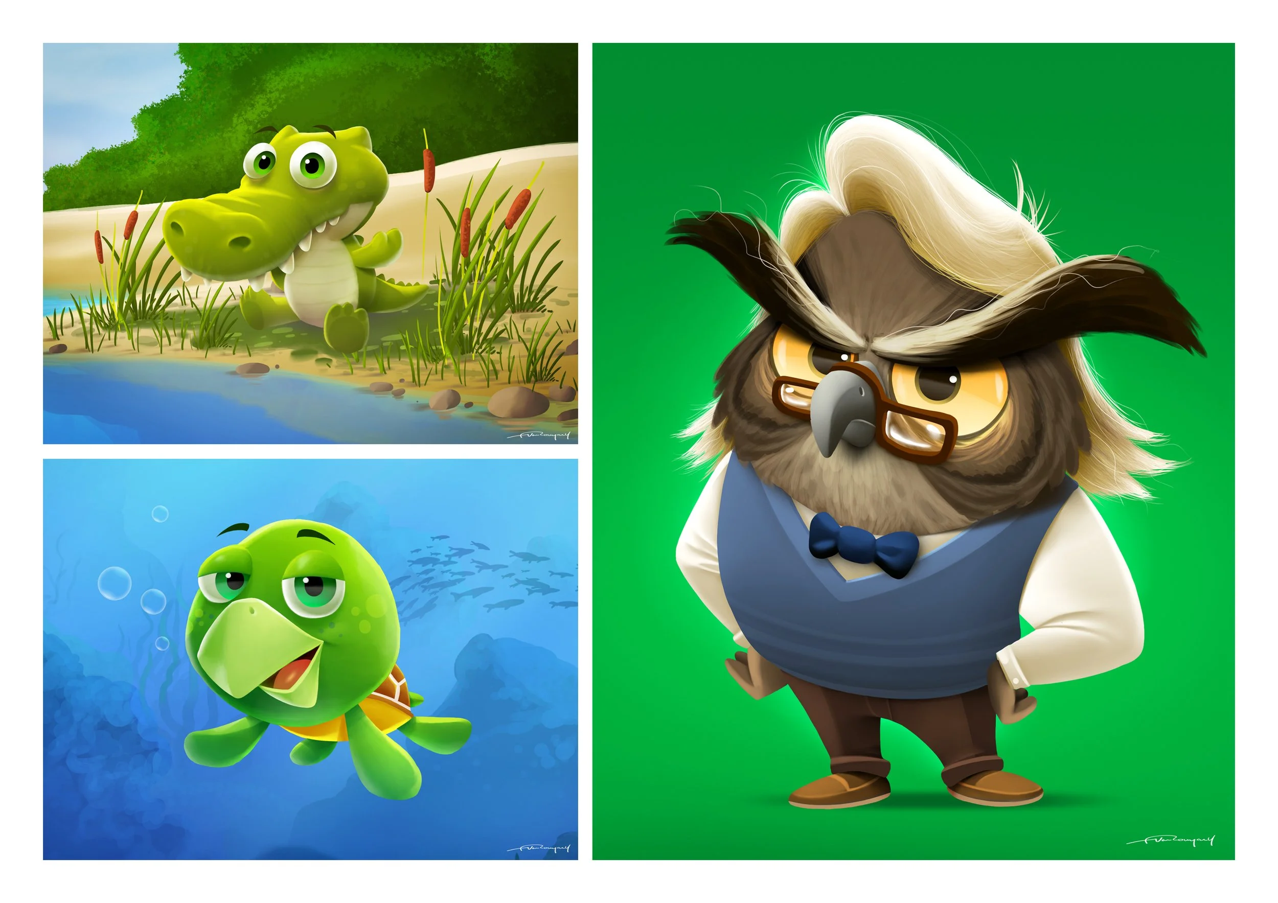 Three cartoon animals: a crocodile near a river, a turtle submerged underwater, and an owl in front of a green background.
