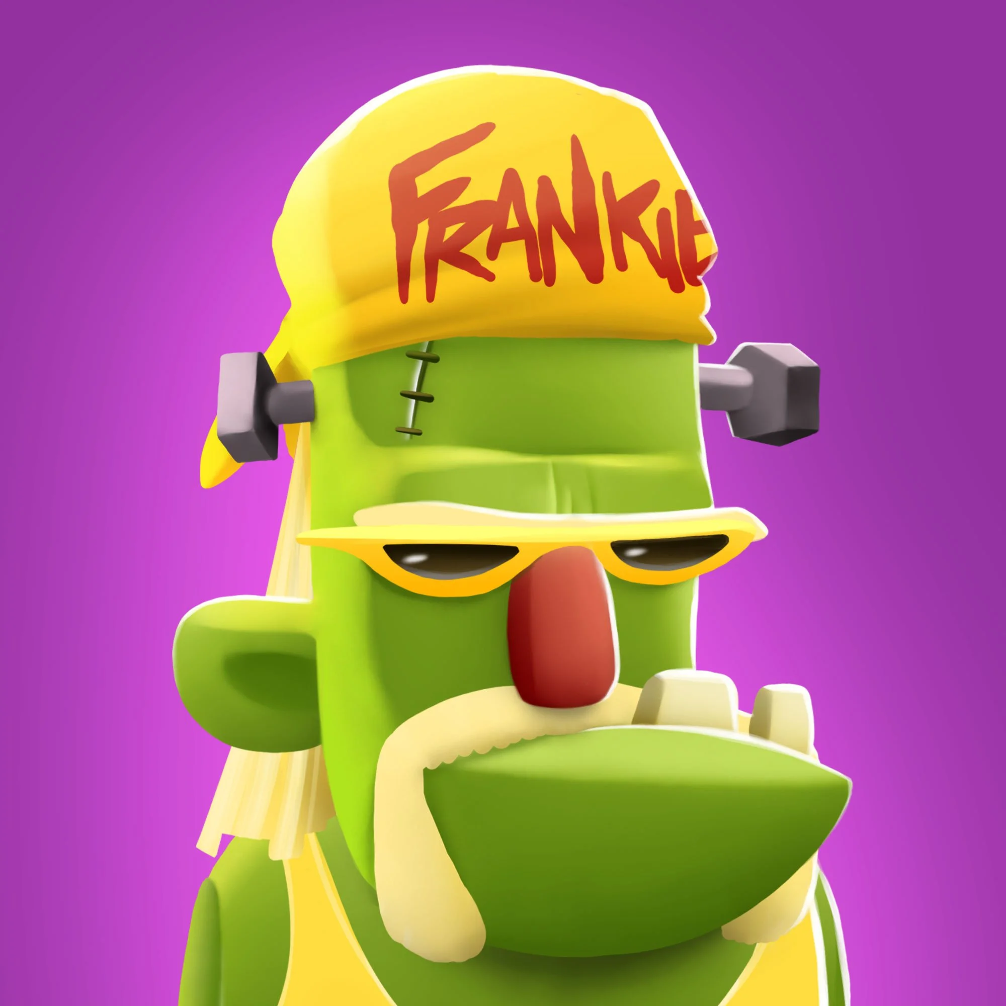 A cartoon character with a green body and a yellow hat, sunglasses, and a red nose, striking a hand sign against a purple background.