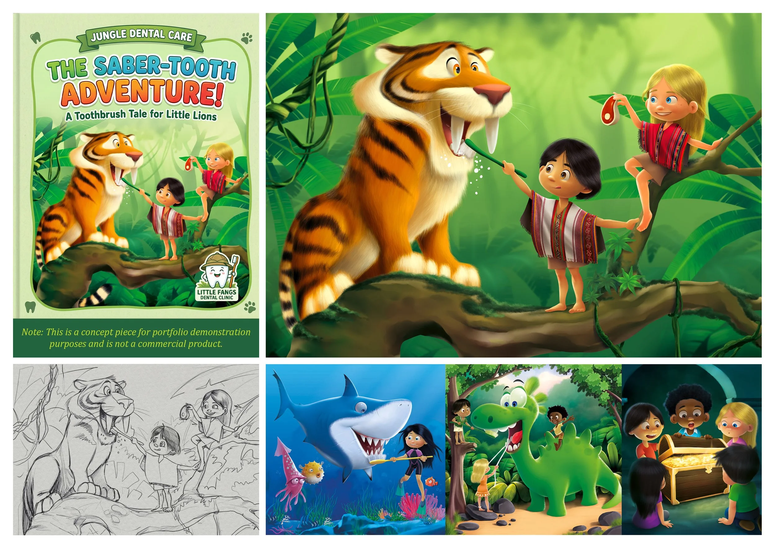 Colorful animated scene featuring a tiger, two little children, and two girls in a jungle setting promoting dental care, with cartoon characters and underwater scene with a shark, and children interacting with various animals.