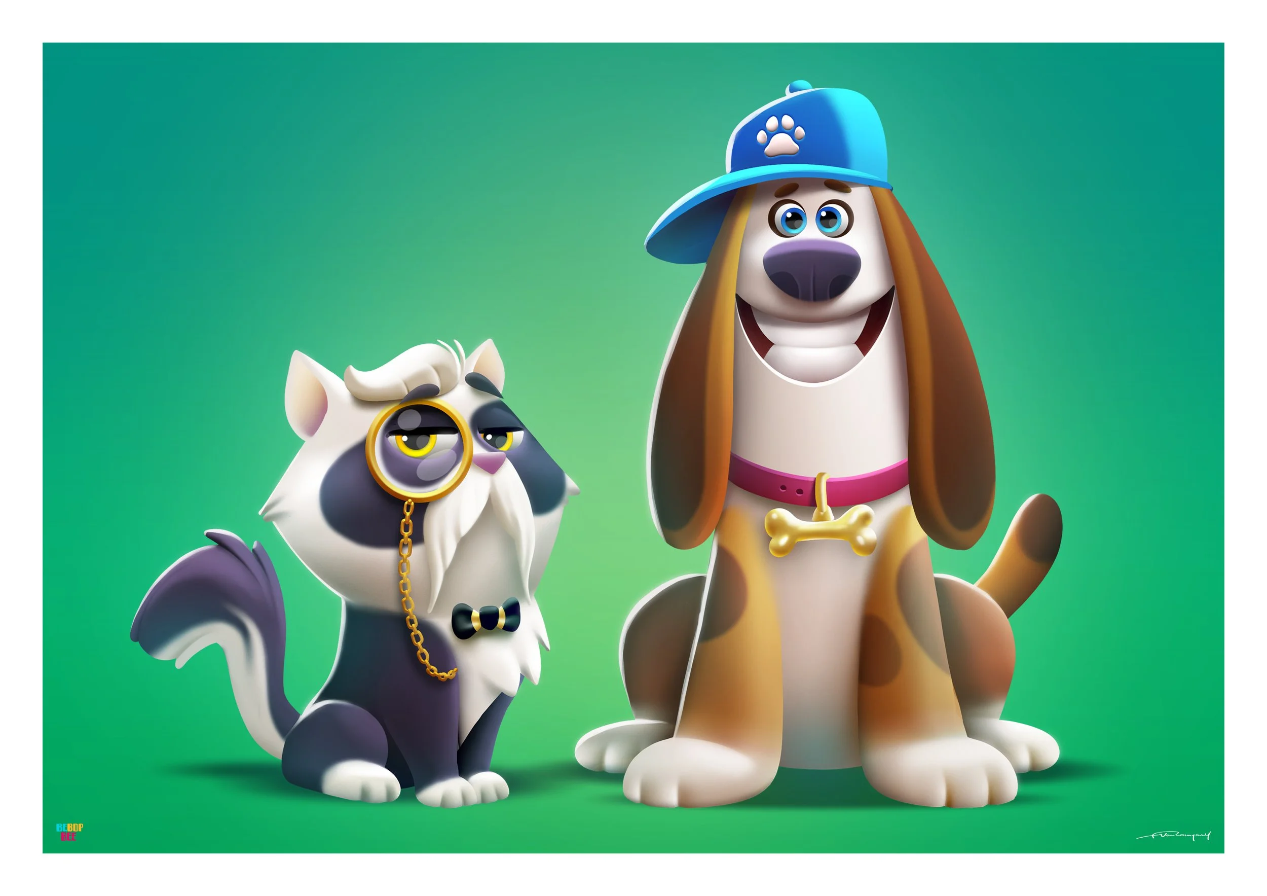 Animated cartoon dog and cat characters standing on a green background. The dog is large, smiling, wearing a blue cap with a paw print and a pink collar with a bone-shaped tag. The cat is smaller, with a bored expression, wearing a monocle, bowtie, a