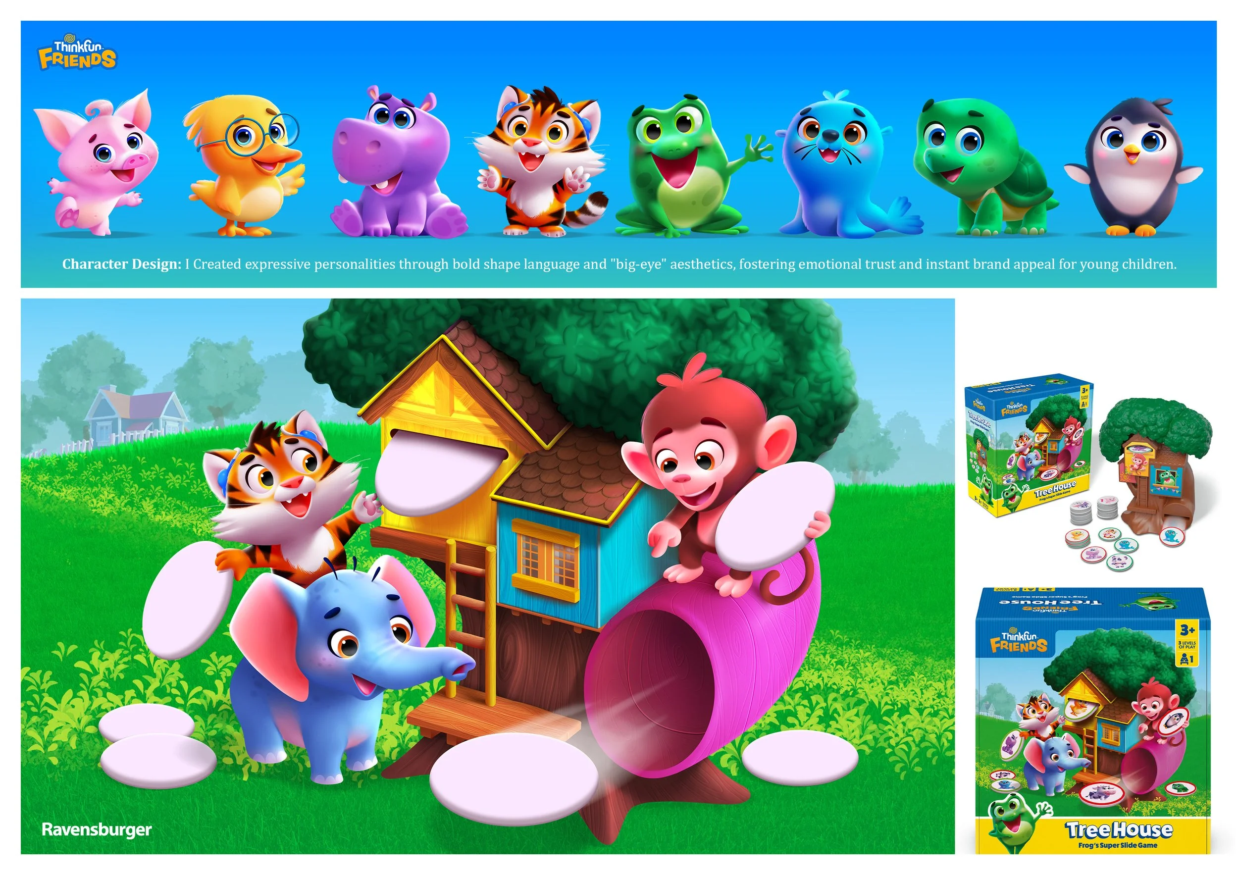 Colorful illustration of animated animal characters from adult and children’s shows standing outdoors near a treehouse and play area with game boxes, grass, and trees in the background.