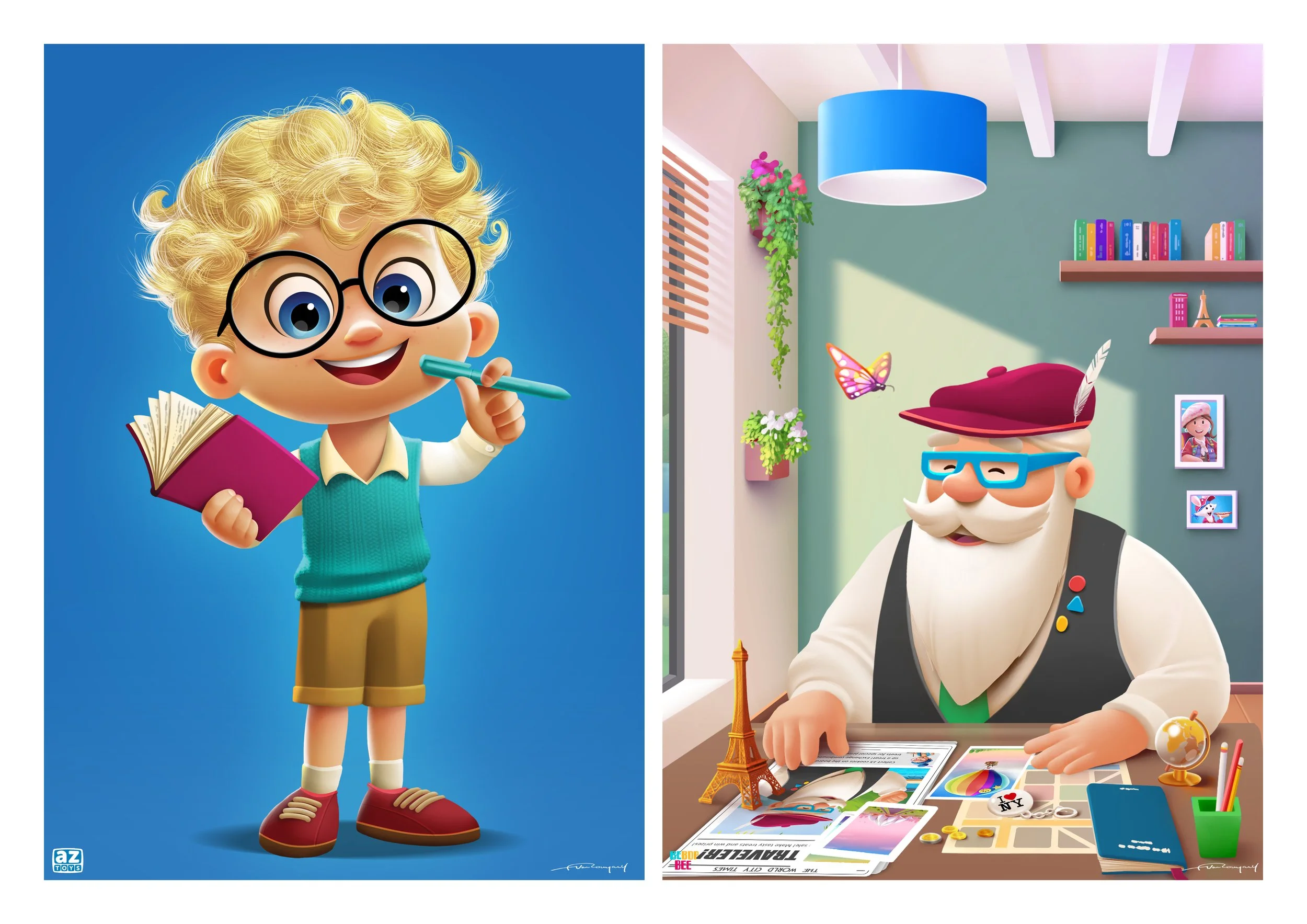 Split image: on the left, a cartoon boy with curly blond hair, glasses, and a teal vest holding an open book and a pen, smiling. on the right, a cartoon older man with a white beard, glasses, a red hat with a feather, and a black vest, sitting at a d