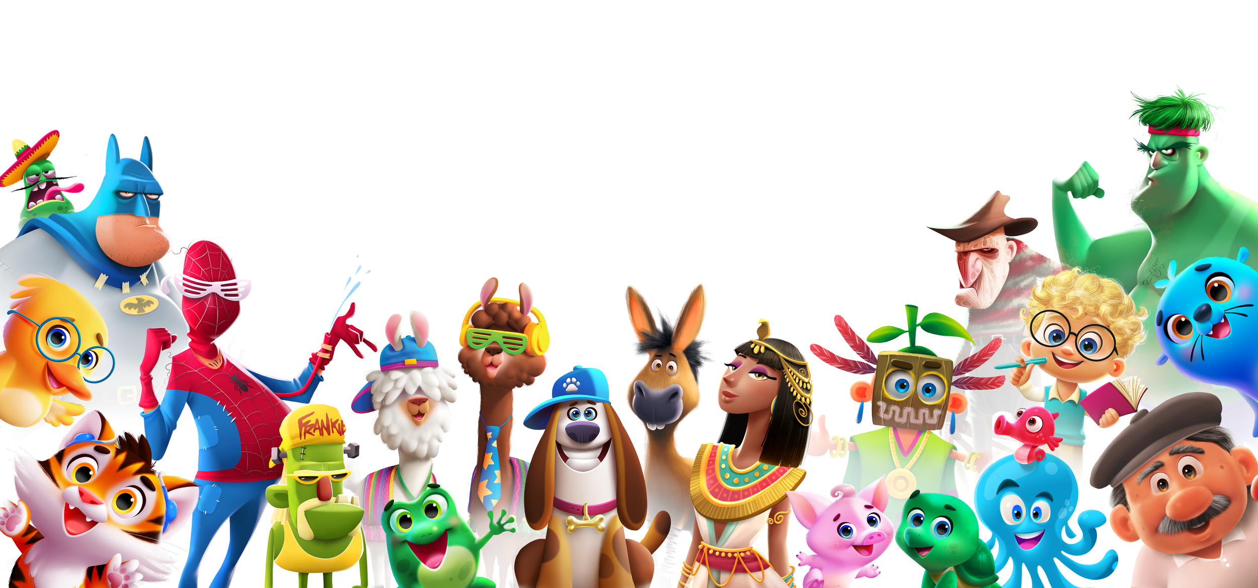 Colorful cartoon characters of various animals, humans, and fantasy creatures stand together, some smiling and making expressive gestures.