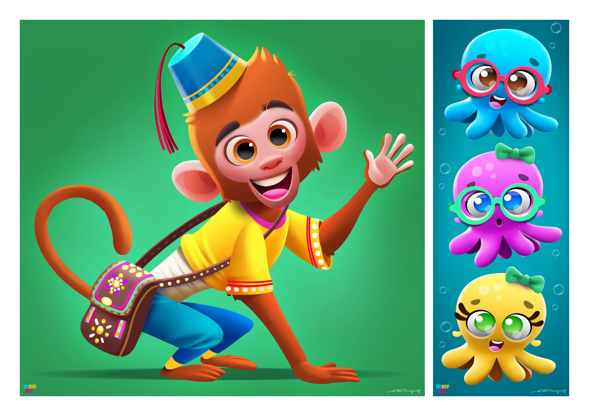 A colorful illustration of a cheerful monkey wearing a blue party hat and a yellow shirt, waving. To the right, three cartoon octopuses with big eyes and glasses appear underwater, in blue, purple, and yellow colors.