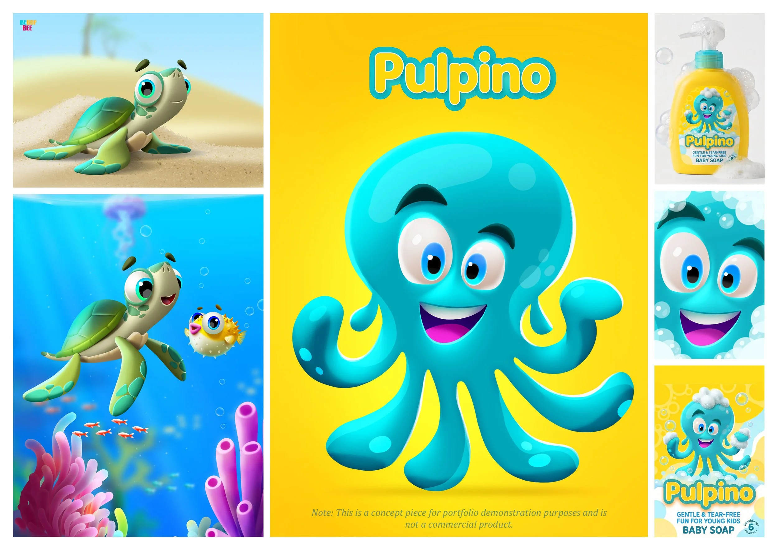 Various colorful animated characters including a turtle, an octopus, and a fish, with the word 'Pulpino' in a yellow background, and a bottle of baby soap with a cartoon octopus on the label.