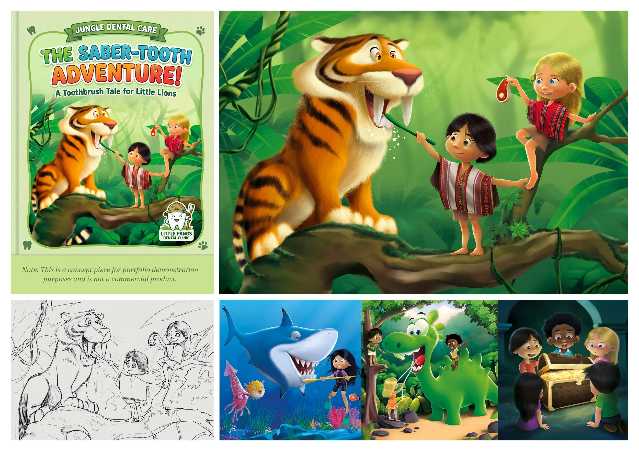 Children and an animated tiger in a jungle scene, with a book cover titled 'The Saber-Tooth Adventure' featuring kids and animals in a lush jungle setting.
