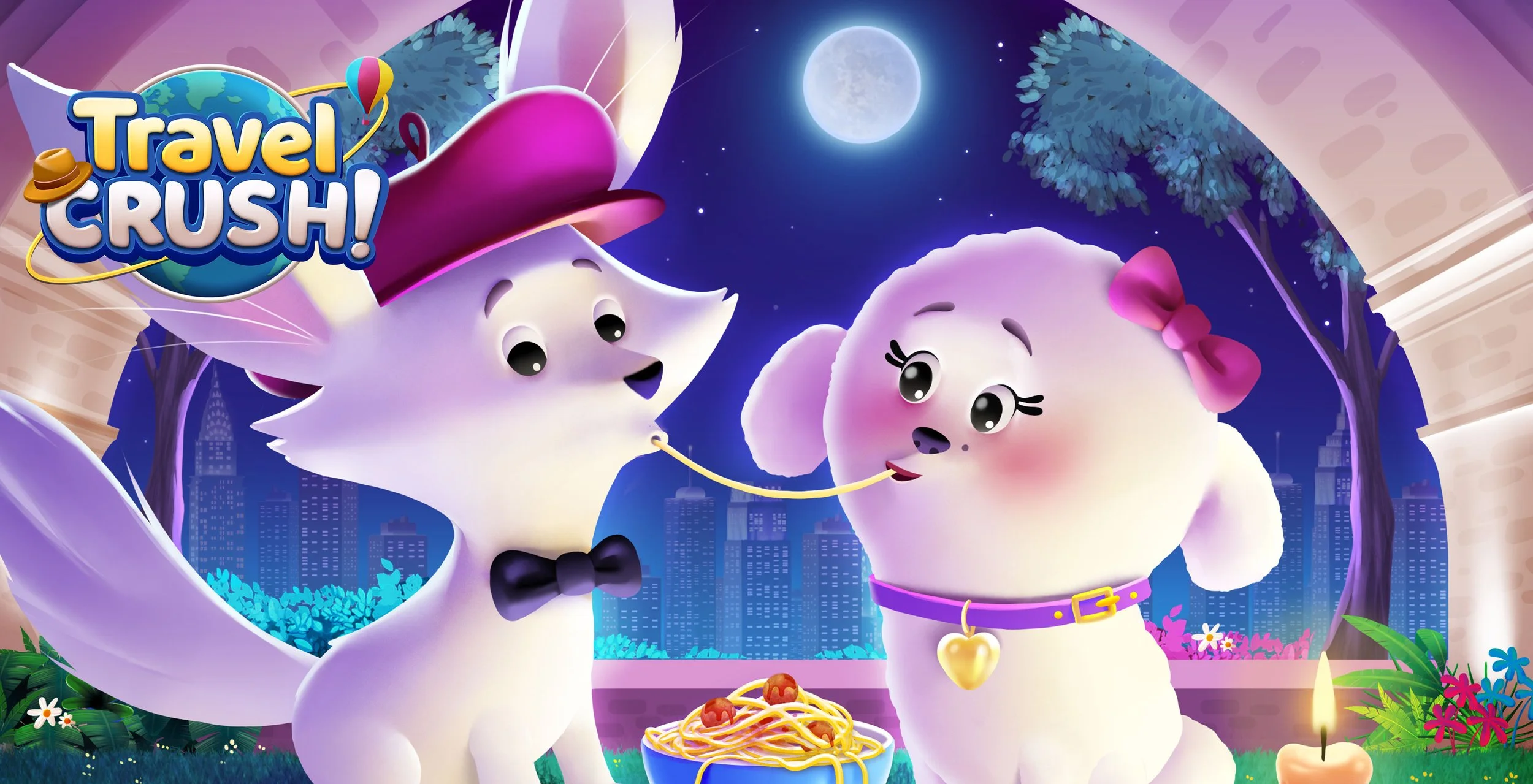 Animated fox and dog characters sharing spaghetti in a city park at night, under a full moon with the title "Travel Crush!" in the top left corner.