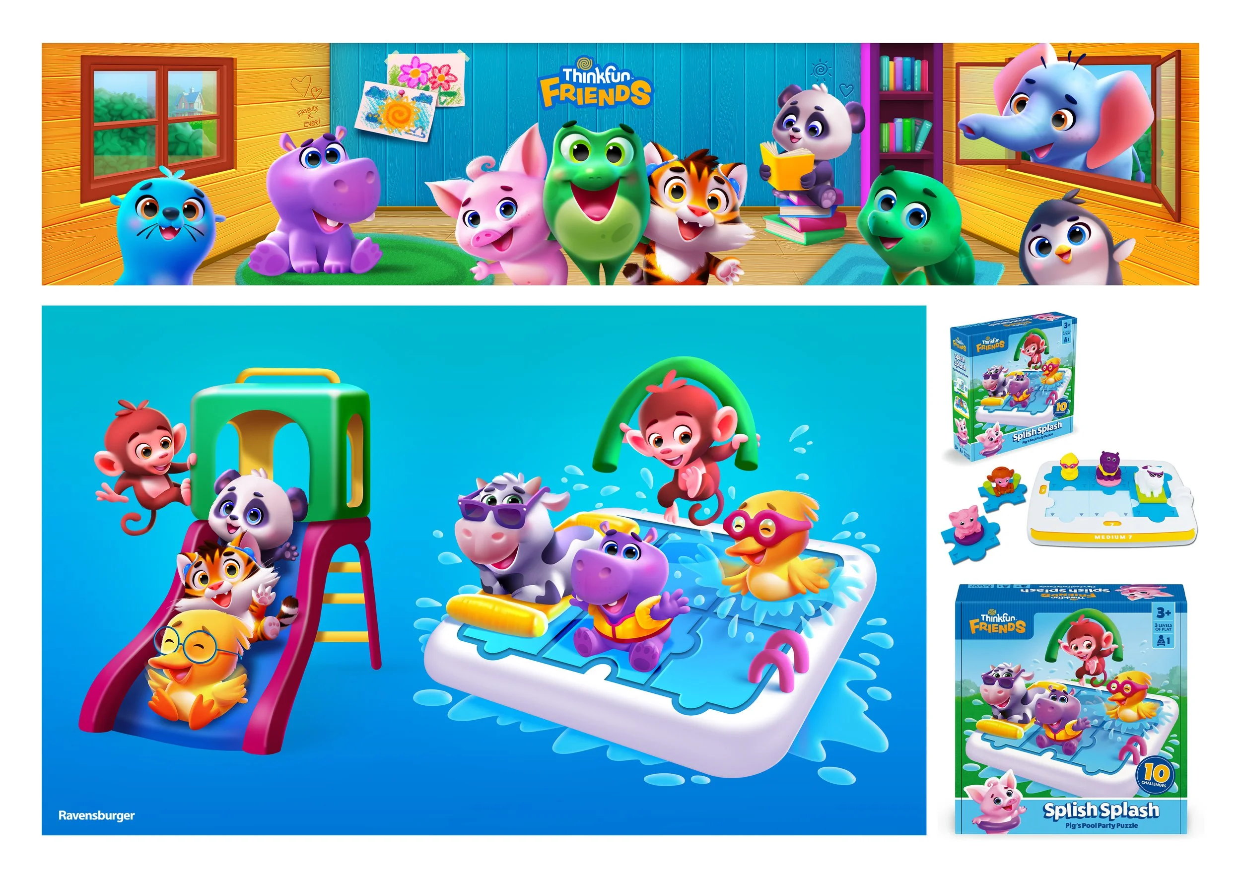 Colorful scene featuring animated animal characters in indoor and outdoor settings, with toys and puzzles, from ThinkFun Friends series.