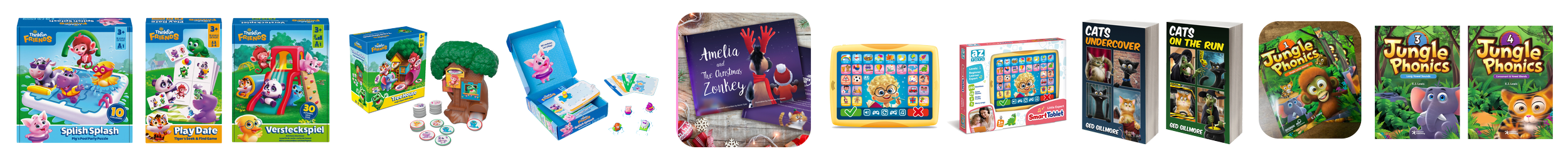 A collection of children's toys and books displayed on a surface. The items include various puzzles, board games, storybooks, and educational devices featuring characters from children's series such as Peppa Pig, Jungle Phonics, and others.