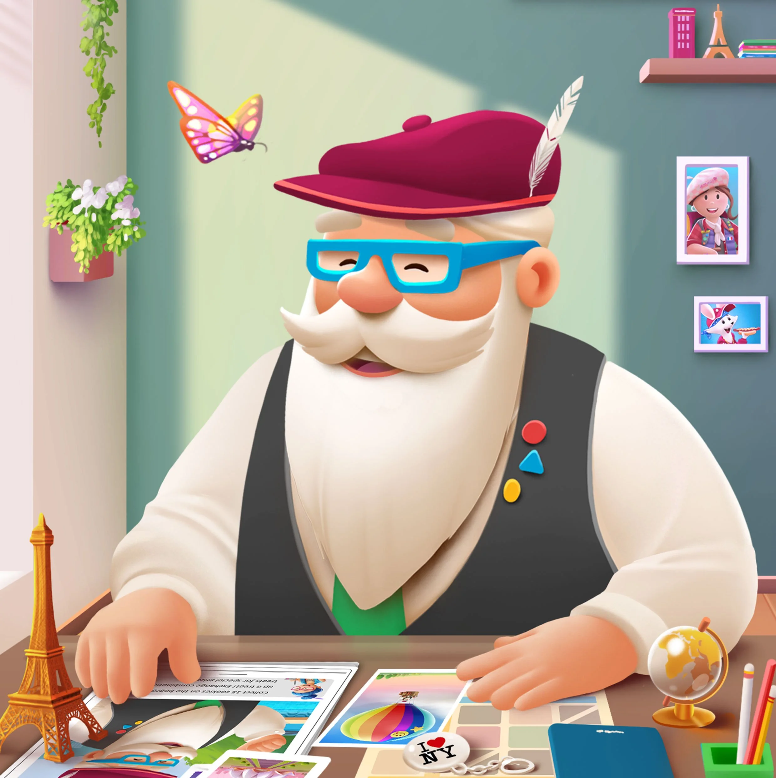 Close-up of a cartoon animated character with a white beard, wearing blue glasses and a red fez hat, sitting at a table with various colorful miniature souvenirs and travel-related items, including a small model of the Eiffel Tower, an 'I Love NY' pin, photos, and travel brochures, with a green wall and pink shelf with books and decorations in the background.