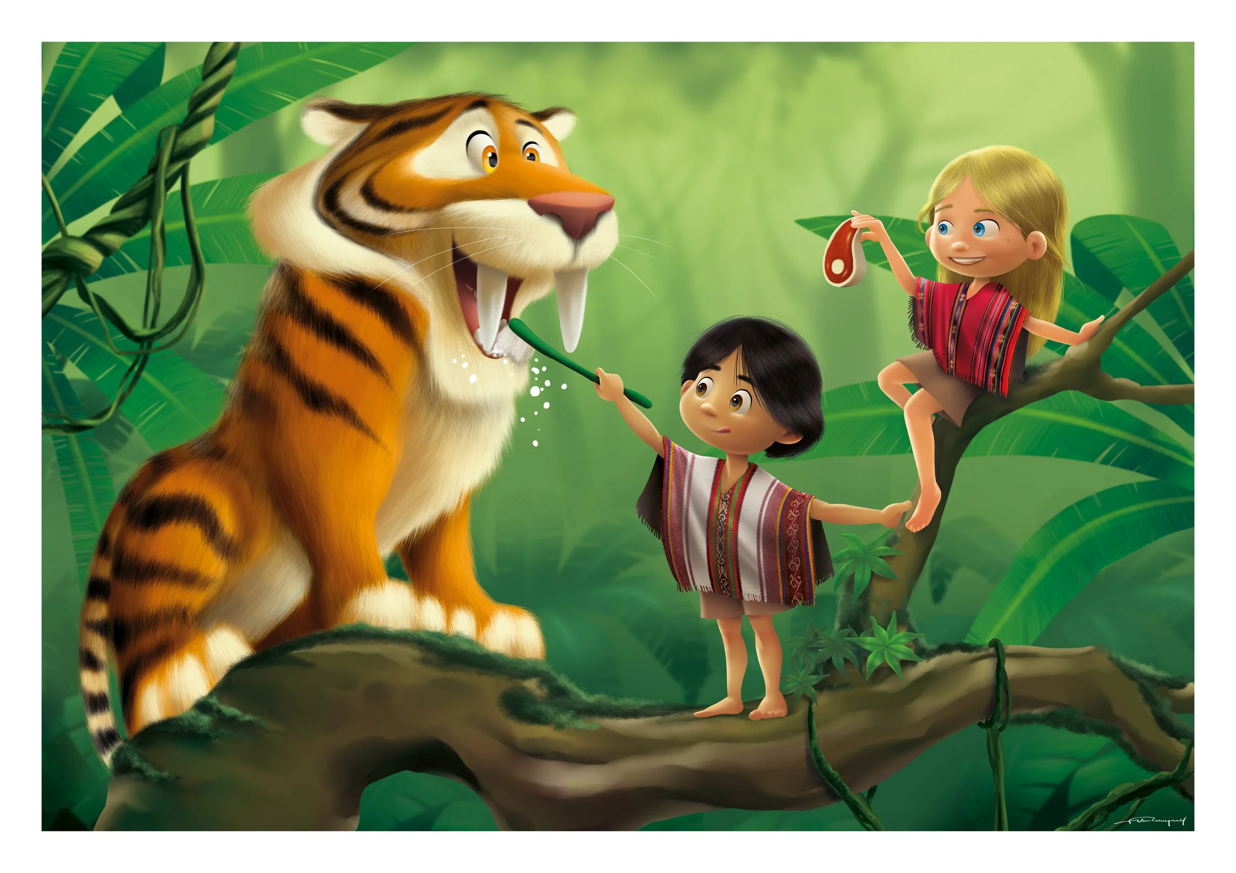 Two children, a boy and a girl, are in a jungle setting with green foliage and a large tree branch. The boy is holding a stick and seems to be painting or talking to a large, friendly tiger. The girl is sitting on a tree branch, smiling and holding a