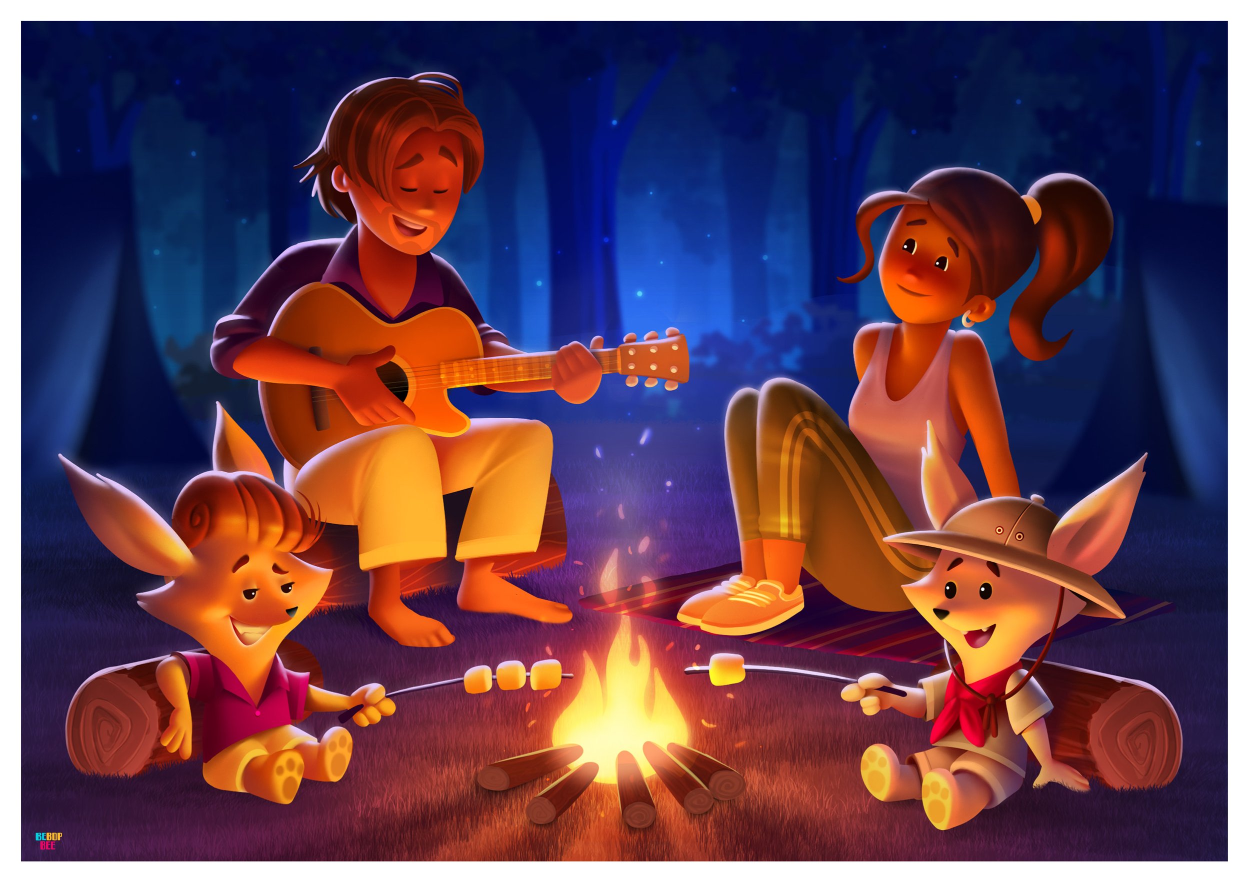 Animated scene of two children sitting around a campfire at night in a forest, playing music and singing, with three squirrel characters listening.