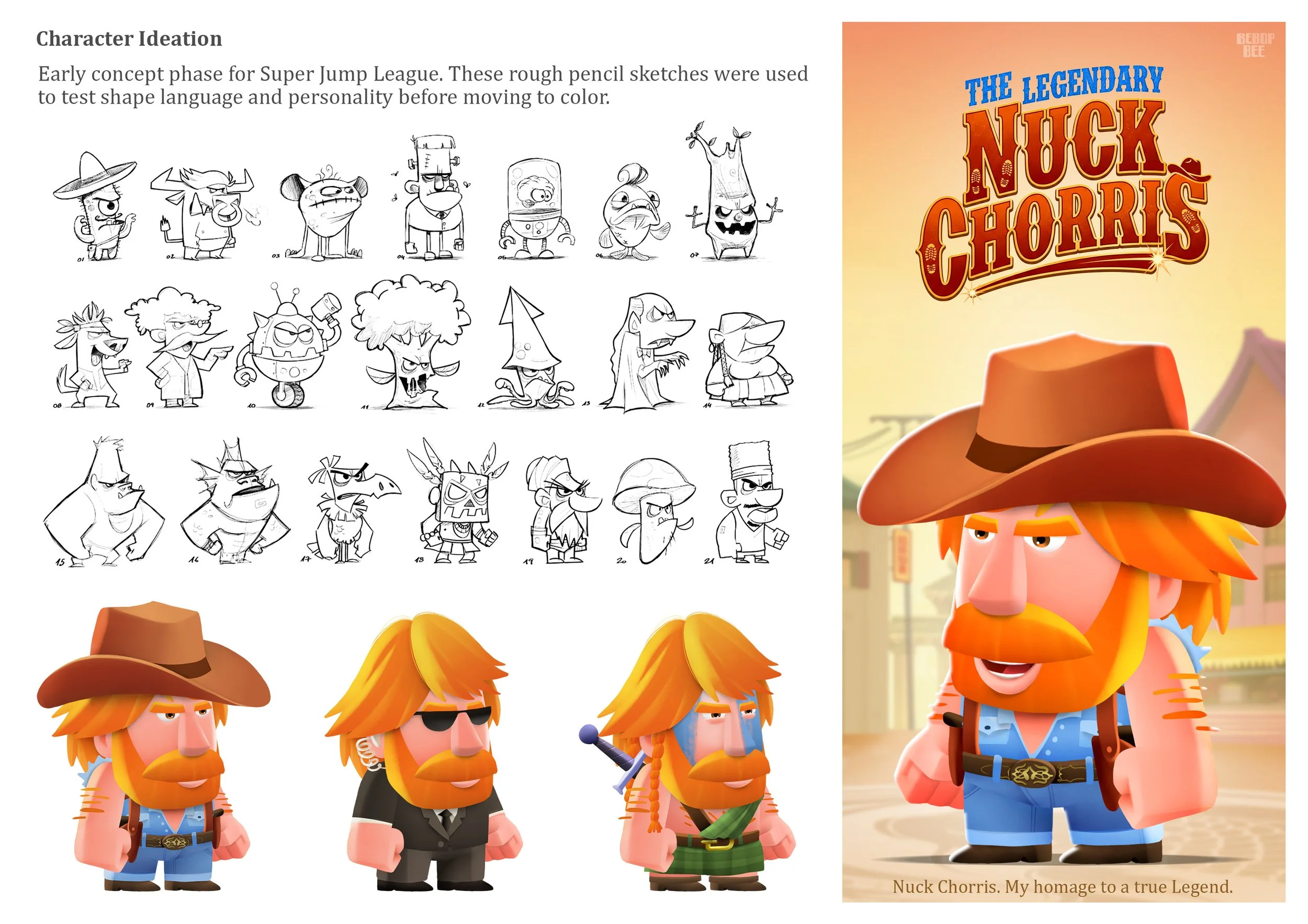 Black and white character sketches of various cartoon characters from the game Super Jump League, along with colored renderings of a character named Nuck Chorris wearing a cowboy hat and sunglasses.