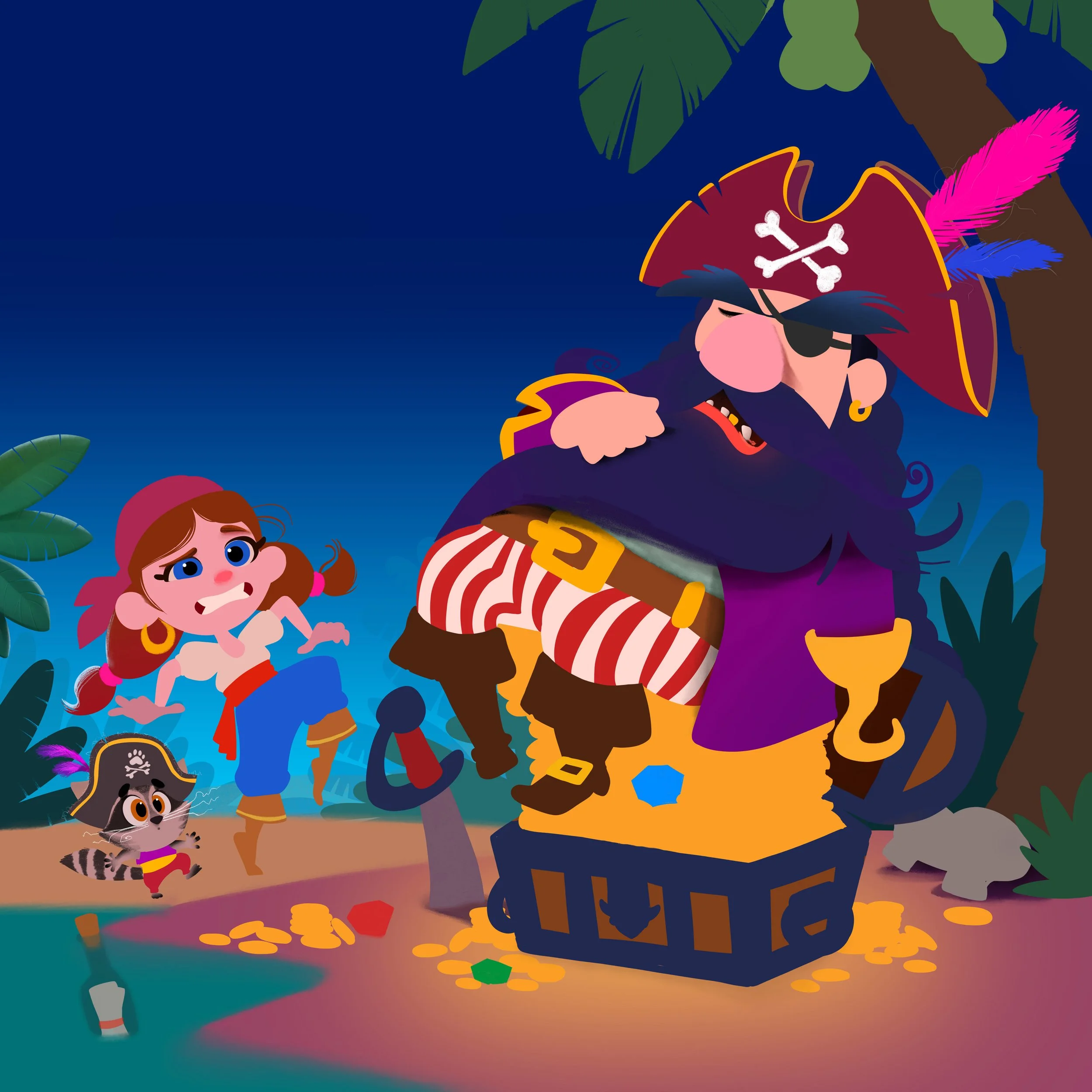 Animated pirate with a large red hat, eye patch, and striped pants, standing next to a small cat wearing a pirate hat, in a colorful outdoor setting with leaves and scattered gold coins.