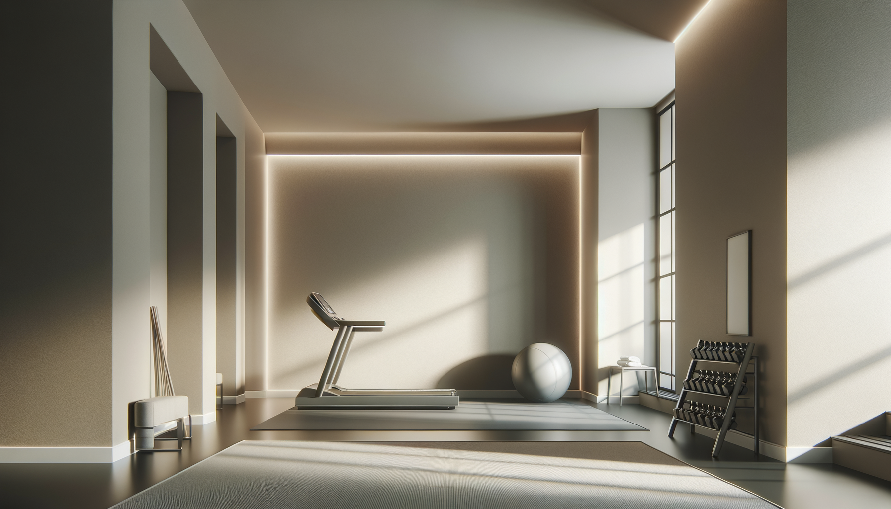 A modern, minimalist home gym with treadmill, exercise ball, weights, and large windows with sunlight streaming in.