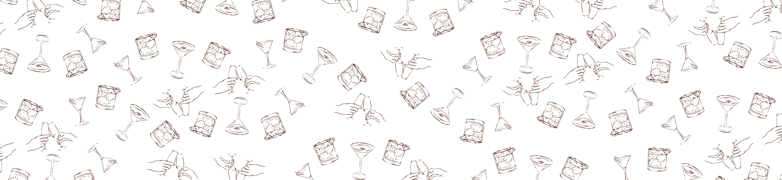 Pattern of white outlines of wine glasses, cocktail glasses, and centipedes on a black background.