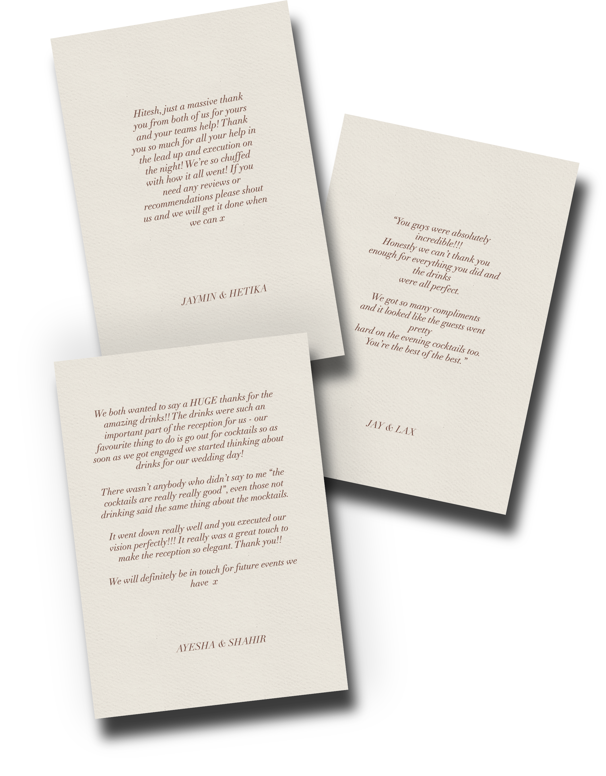 Collection of three thank you notes written in elegant cursive font on cream textured paper, expressing gratitude for a wedding reception.
