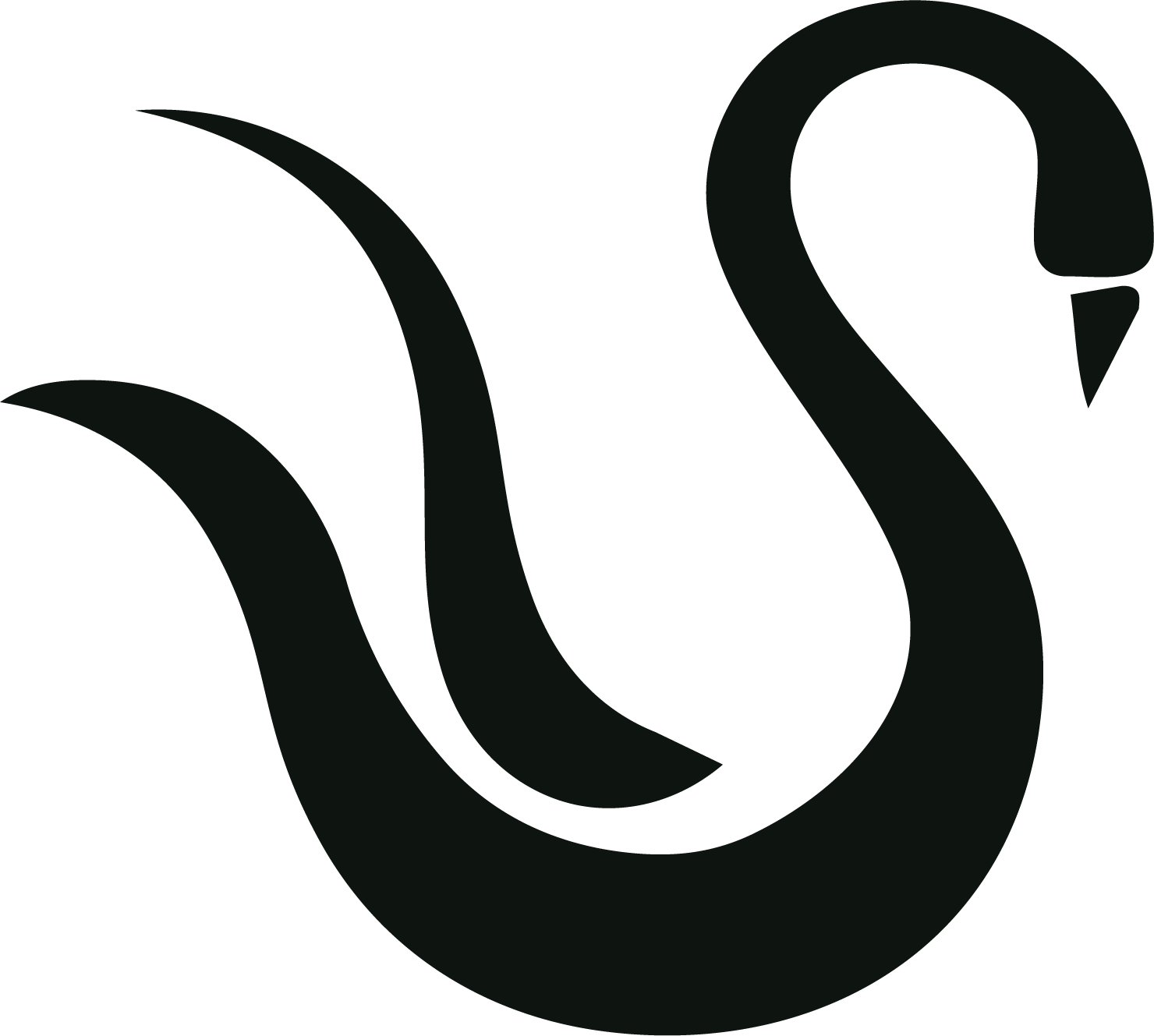 Black silhouette of a swan with a curved neck and flowing body.