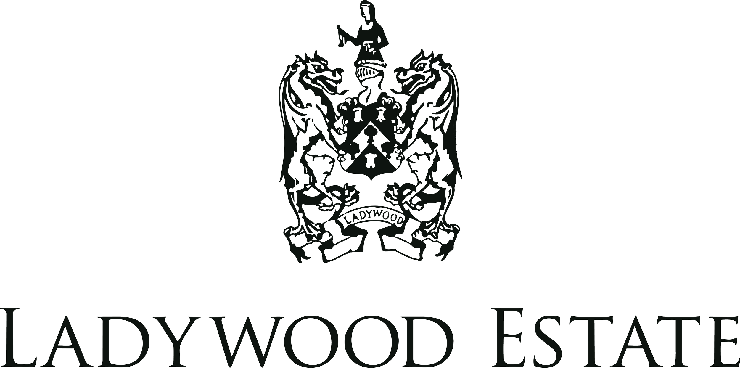 Ladywood Estate logo featuring a detailed crest with two mythical creatures, a man at the top holding a star, and the words "Ladywood Estate" underneath.