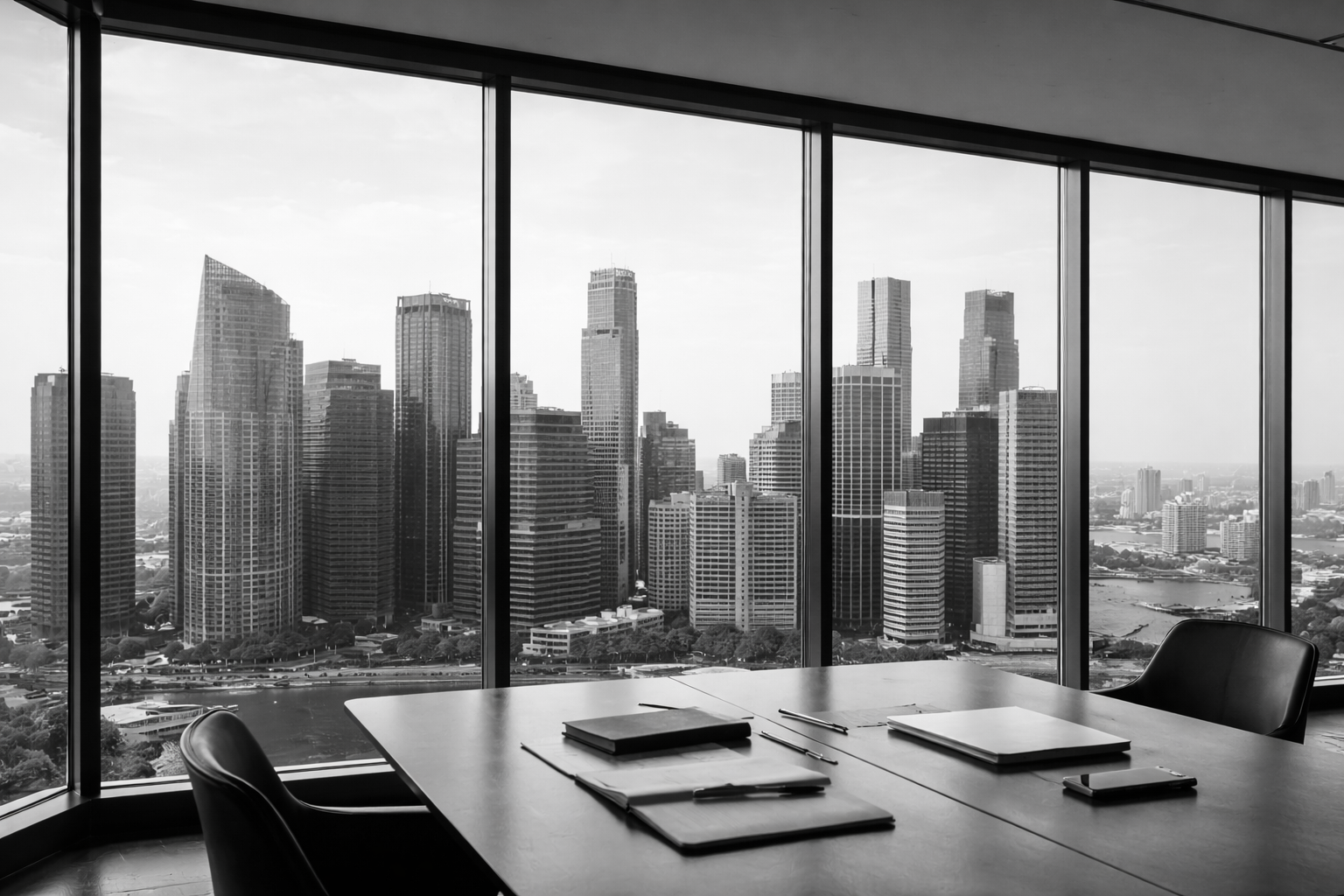 Interior of a modern office conference room with a large table and chairs, overlooking a city skyline through floor-to-ceiling windows in black and white.
