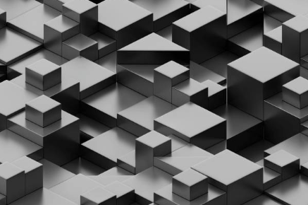 A 3D abstract pattern of black and gray cubes arranged in a geometric pattern.