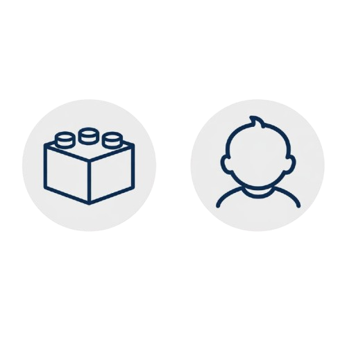 Icono de un bloque de ladrillos y un icono de una cabeza de perfil infantil.