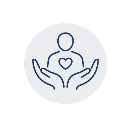 Icono de una figura humana con un corazón en el pecho, rodeada por dos manos abiertas, simbolizando cuidado y compasión.